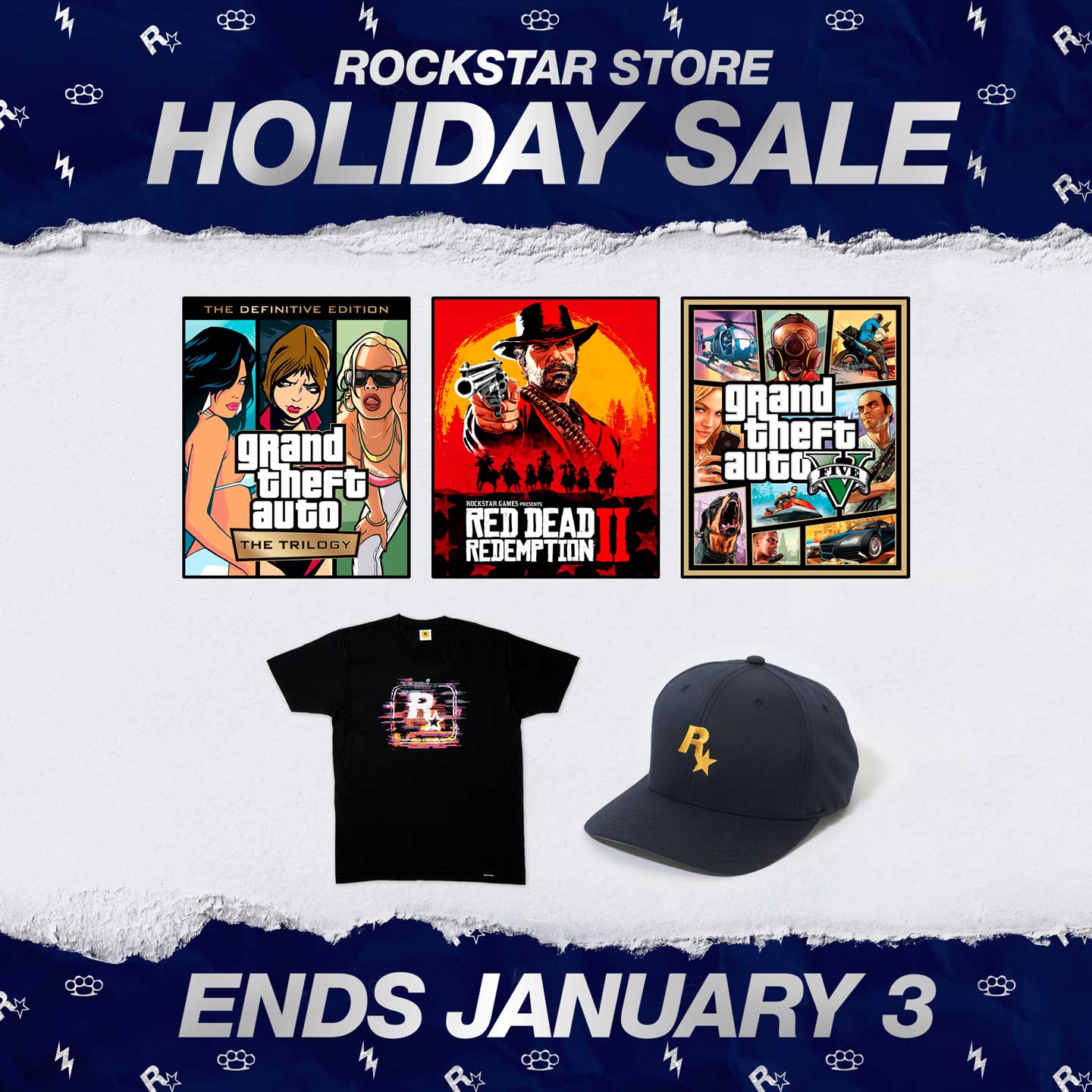 Rockstar 商店节日促销传单，带有游戏和商品图片，以及“截至 1 月 3 日”信息