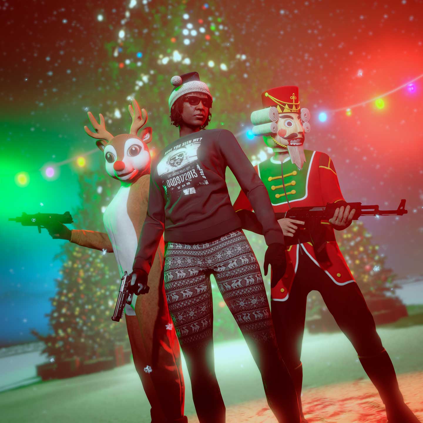 screenshot of three GTA characters in front of a Christmas tree