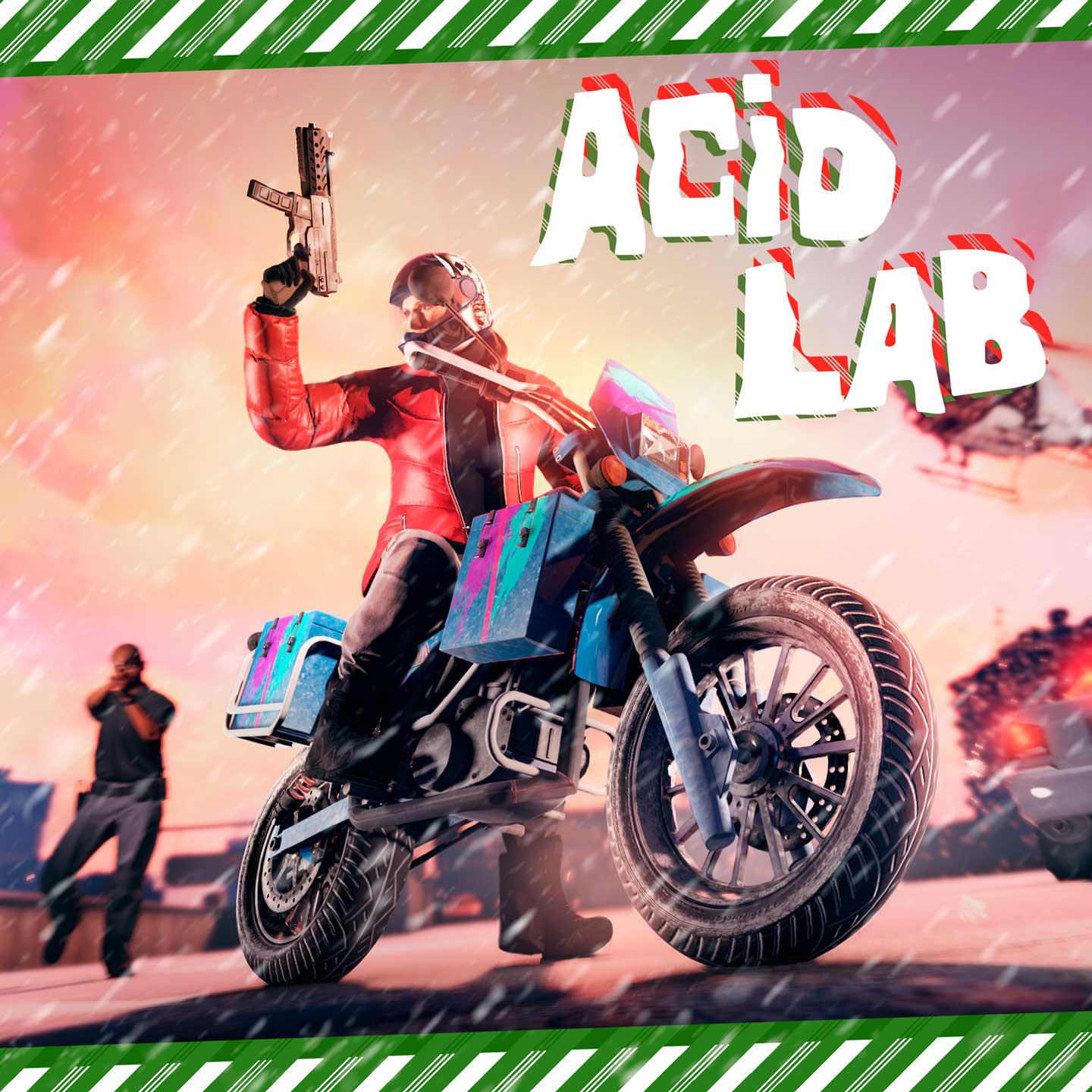 GTAO 角色坐在摩托车上拿着枪的图片，上面写着“致幻剂实验室”
