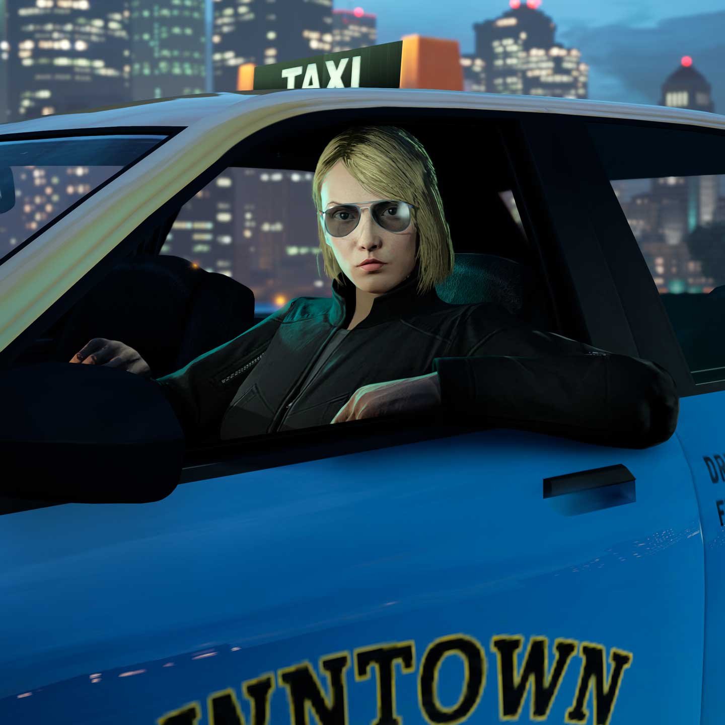 GTA 在线模式角色在一辆出租车驾驶座上的图片