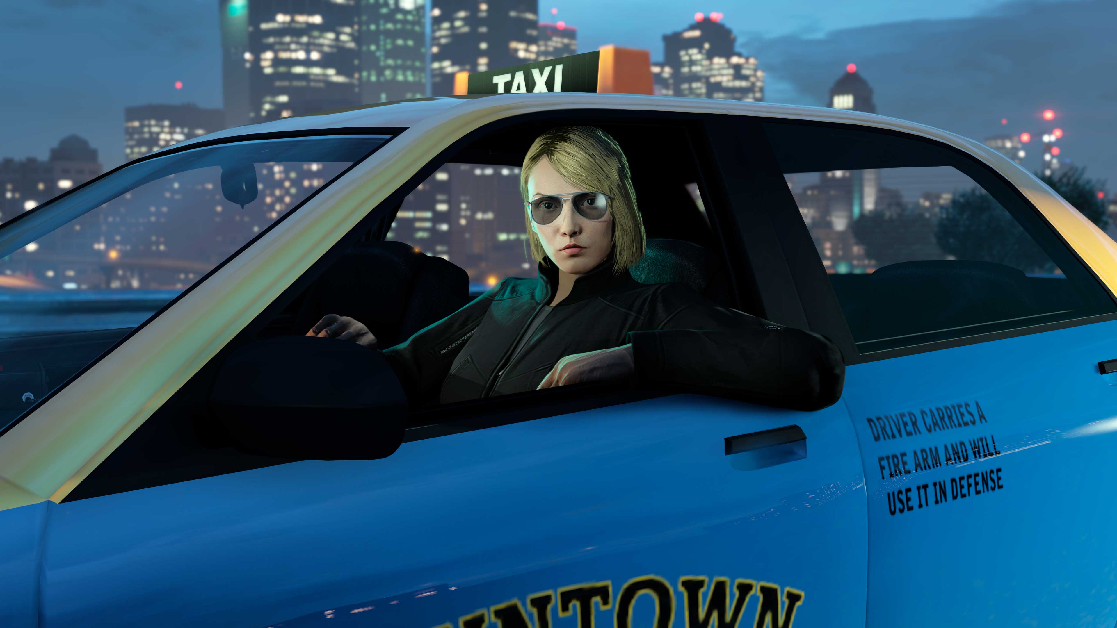 GTA 在线模式角色在一辆出租车驾驶座上的图片
