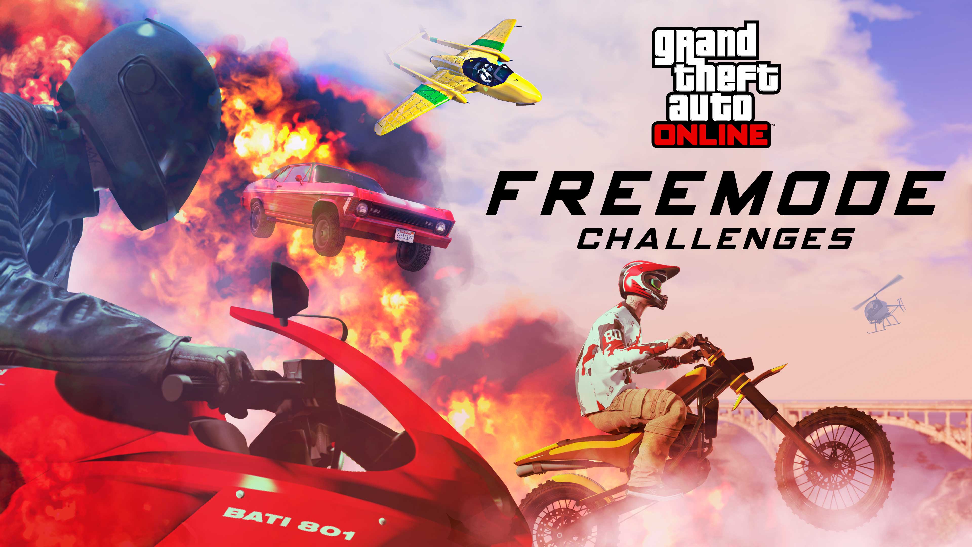 带有自由模式挑战标志的 GTA 在线模式蒙太奇