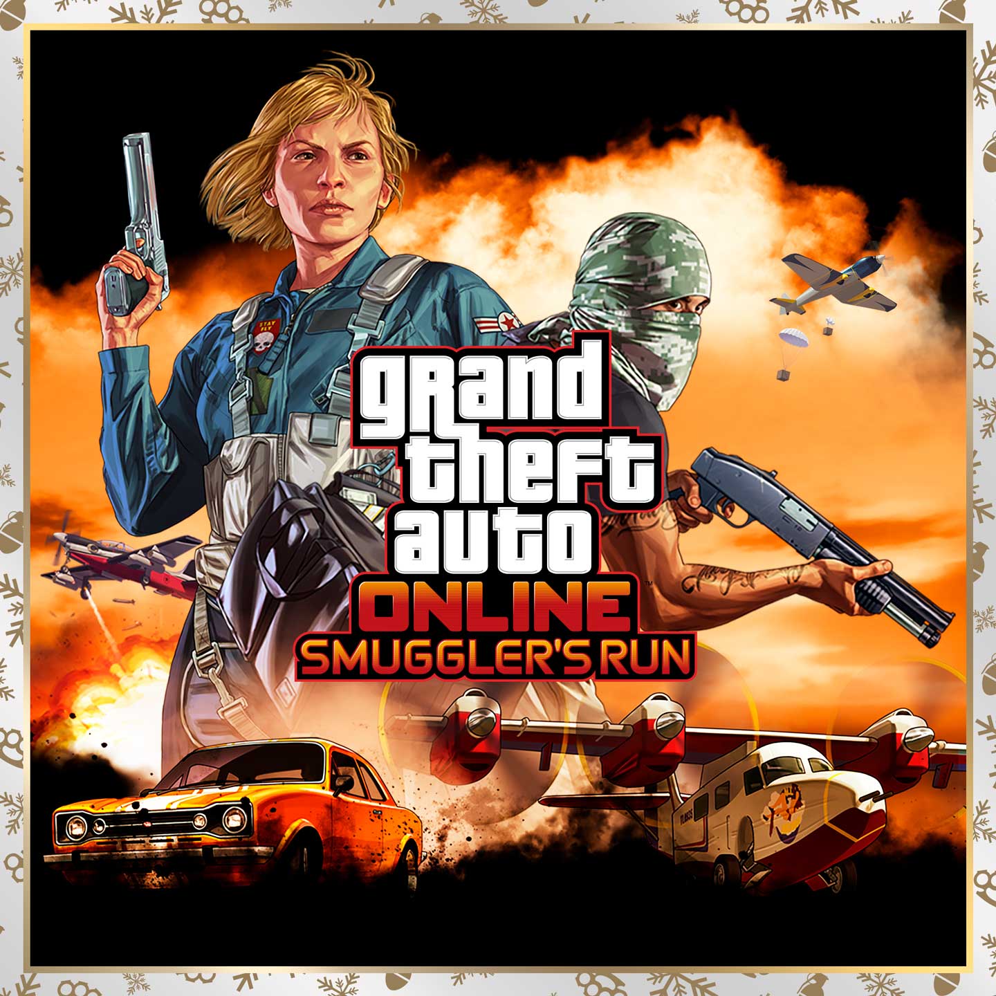 GTA 在线模式走私贩大进击标志与 GTA 在线模式角色和飞机