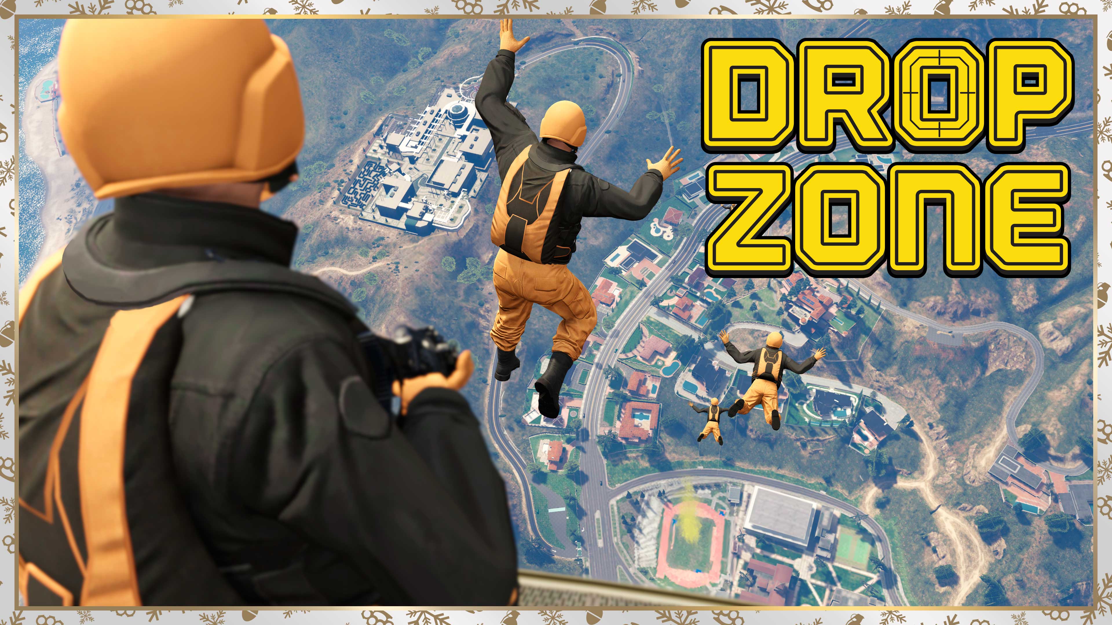空降奇兵标志与 GTA 在线模式角色跳出飞机的鸟瞰图