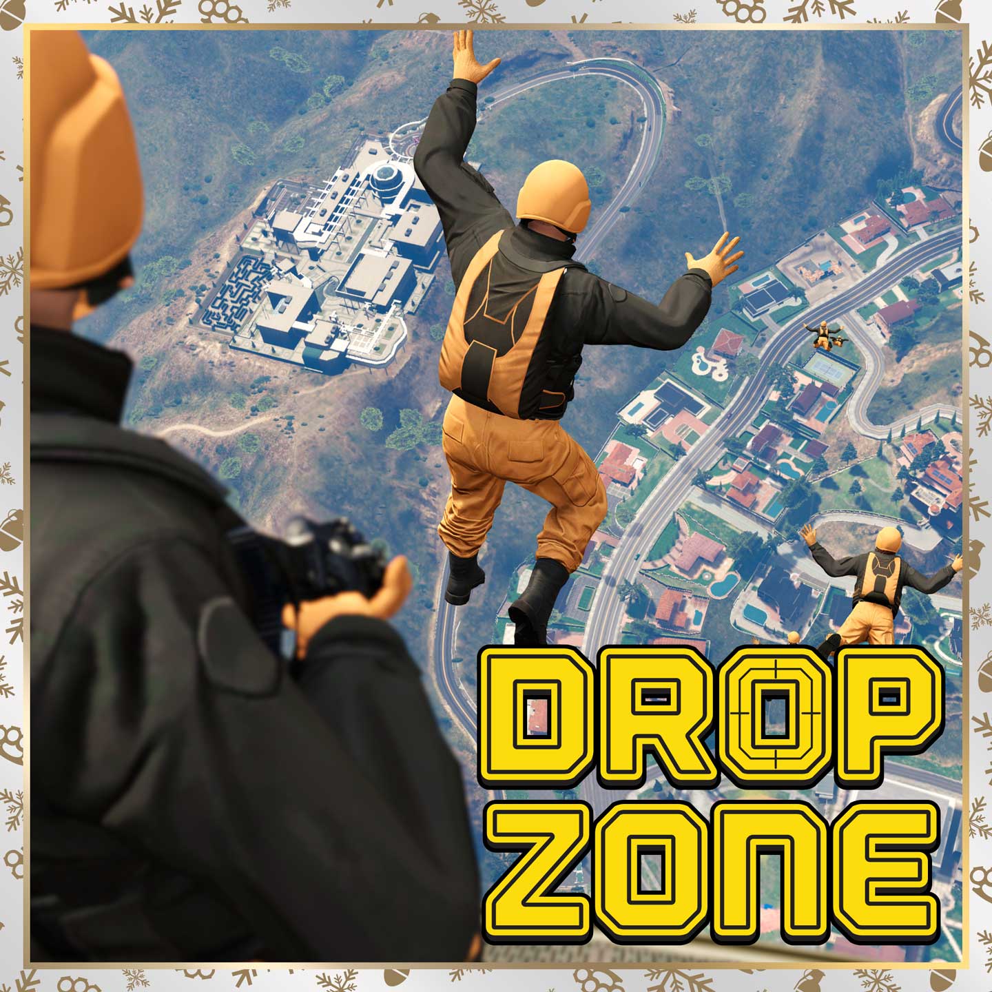 空降奇兵标志与 GTA 在线模式角色跳出飞机的鸟瞰图