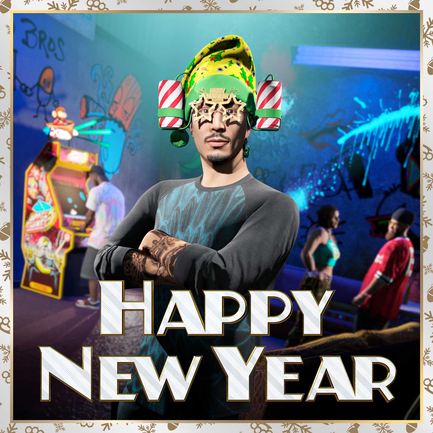 戴着啤酒帽和星星眼镜的 GTA 在线模式角色与新年快乐文字