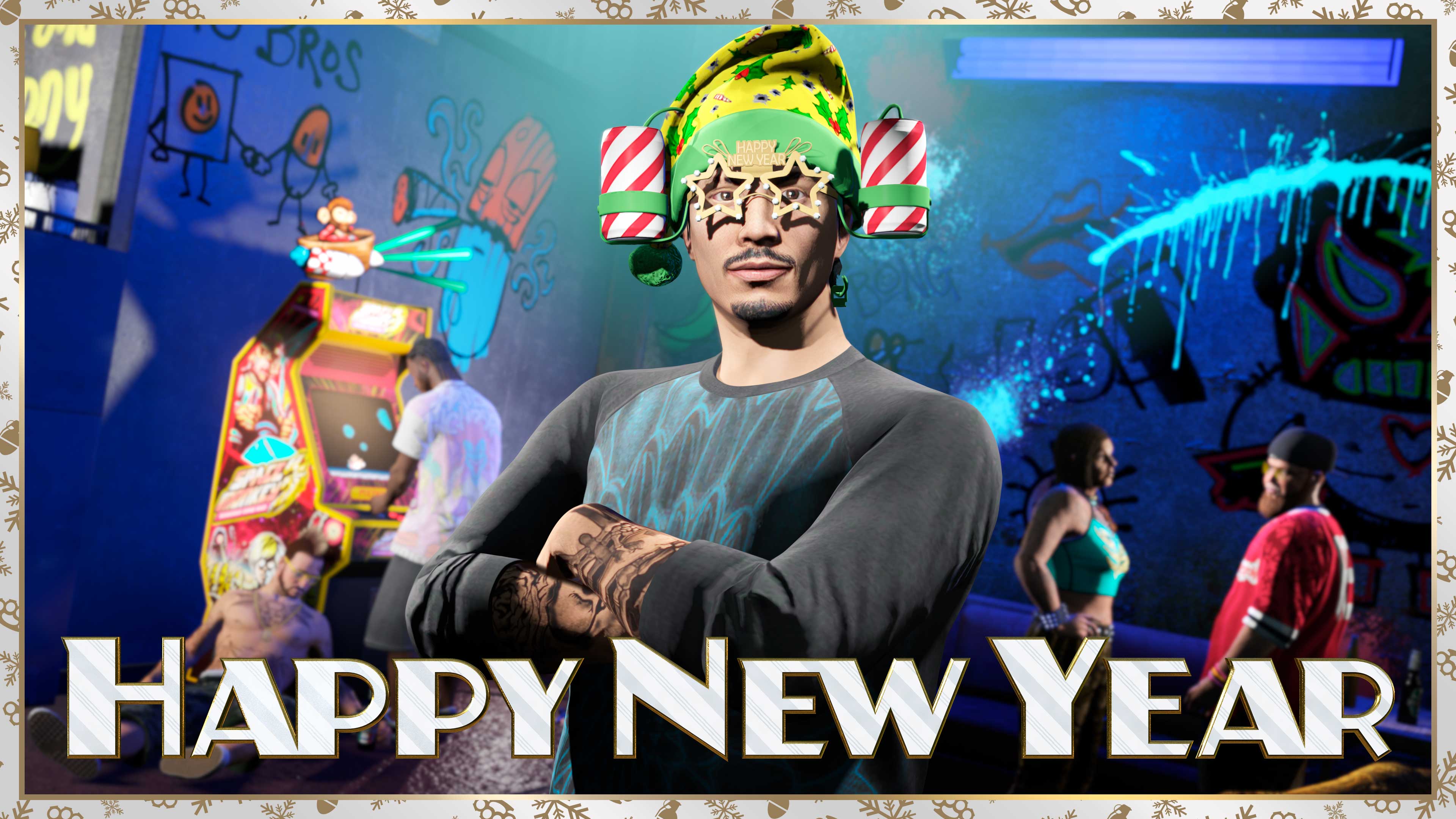 戴着啤酒帽和星星眼镜的 GTA 在线模式角色与新年快乐文字