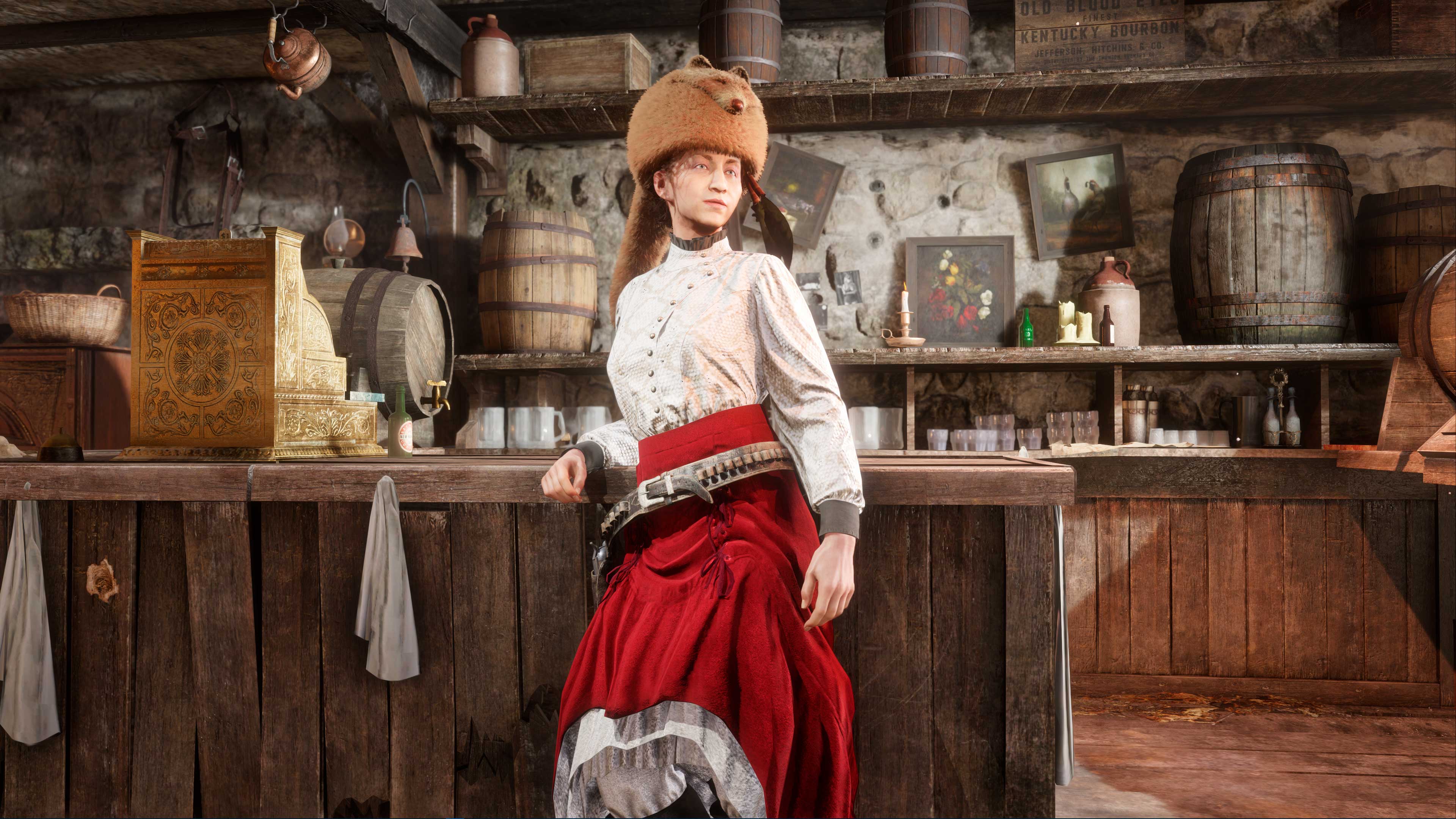 一名 Red Dead 在线模式角色戴着米色浣熊帽的图片