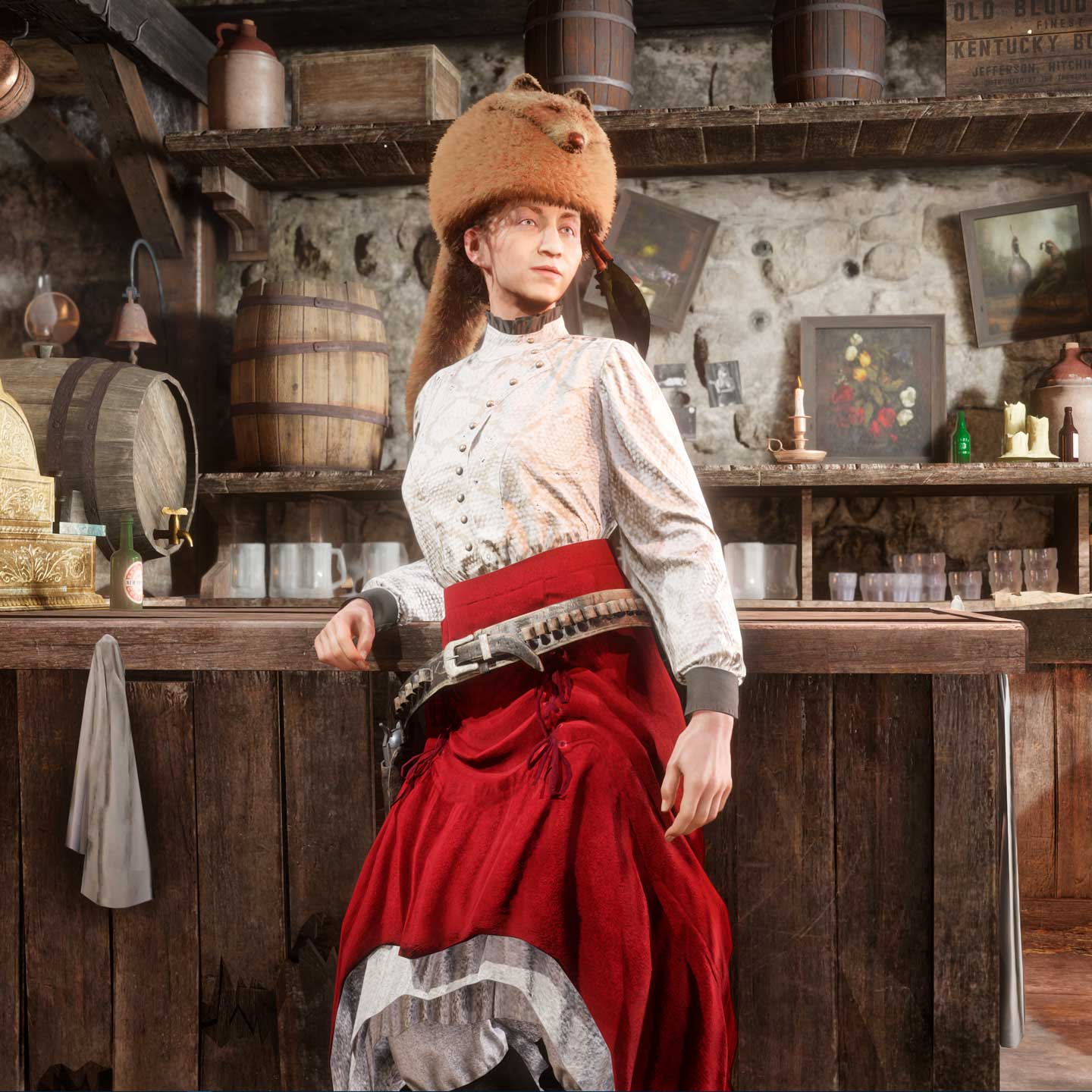 一名 Red Dead 在线模式角色戴着米色浣熊帽的图片