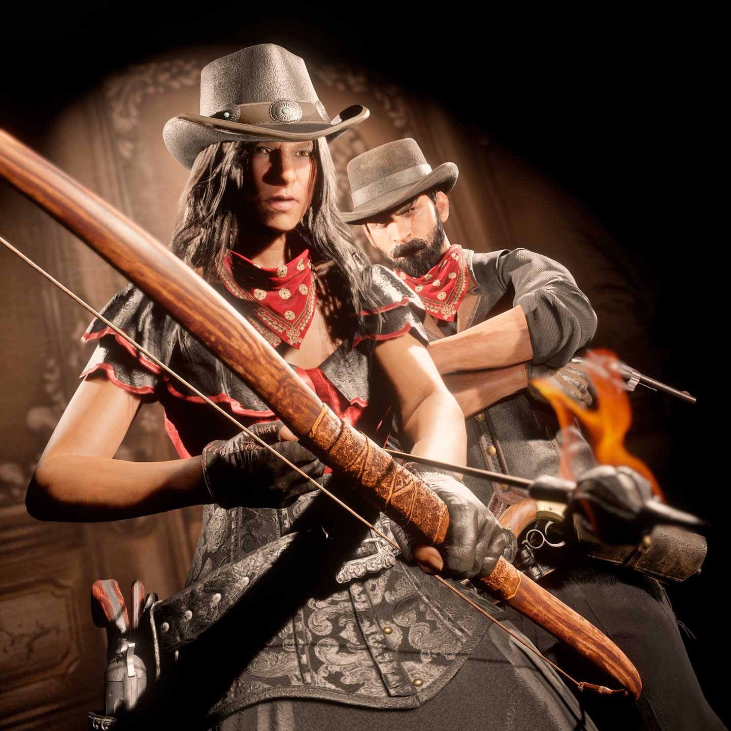 Red Dead 在线模式角色戴着红色图案蒙面巾的图片