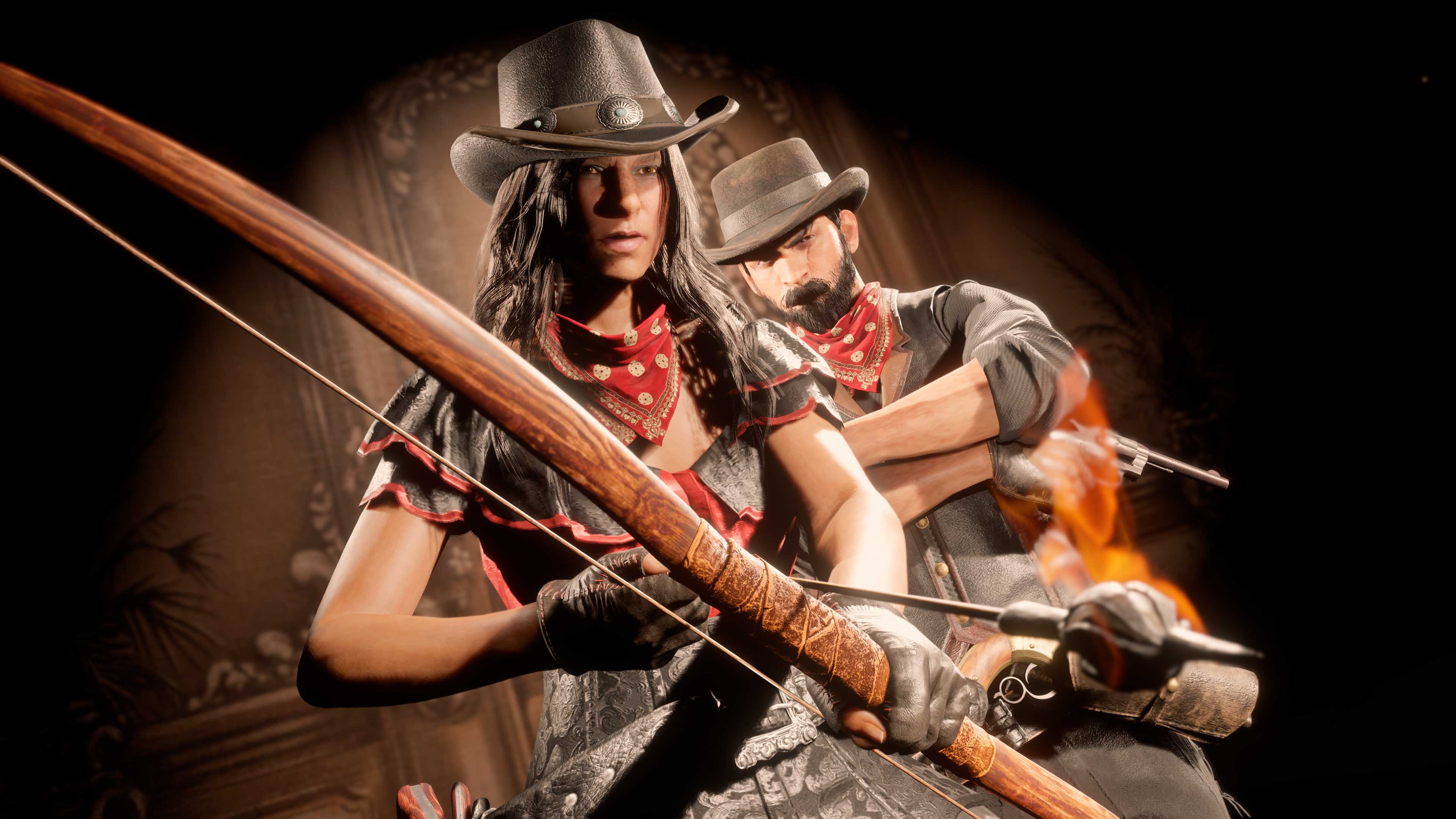 Red Dead 在线模式角色戴着红色图案蒙面巾的图片