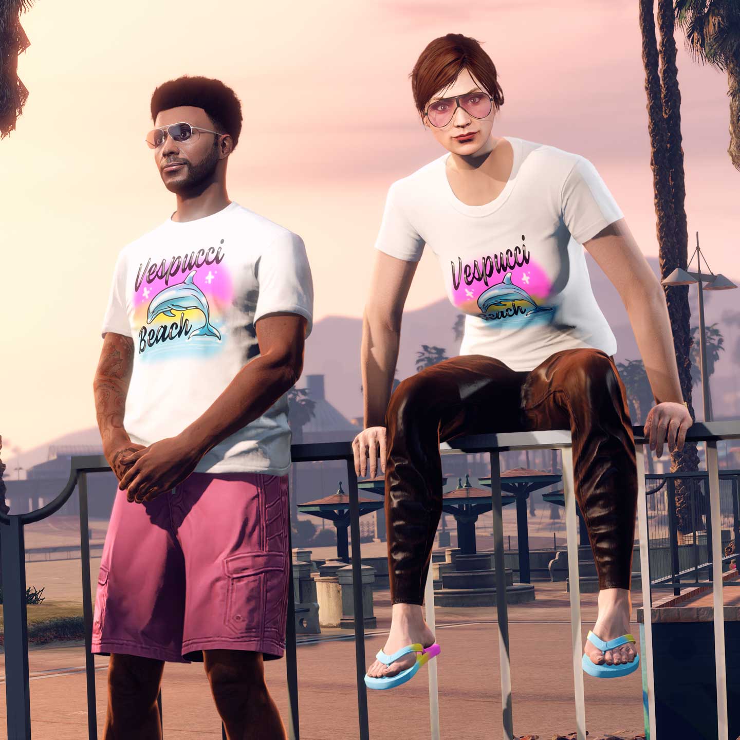 Two GTA Online characters pose against a railing wearing Vespucci Beach Flip-Flops and a white Vespucci Beach Tee with a dolphin graphic over a purple, peach, and light blue background.