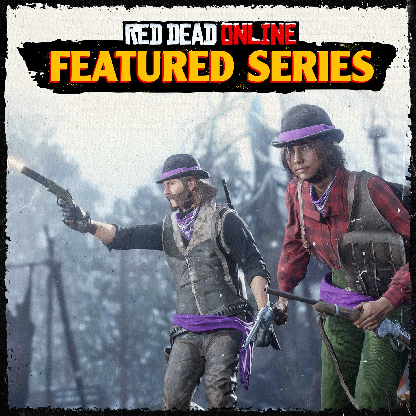 Red Dead 在线模式精选系列赛活动海报，绘有两名全副武装的角色在雪中准备战斗。