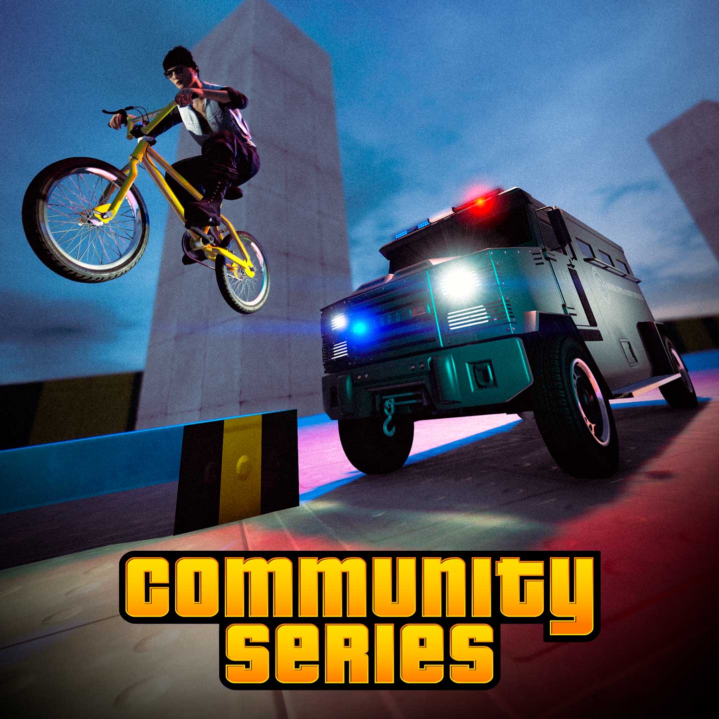 画有一名 Grand Theft Auto 玩家骑着一辆 BMX 用兔子跳逃离一辆追击卡车的社区系列海报
