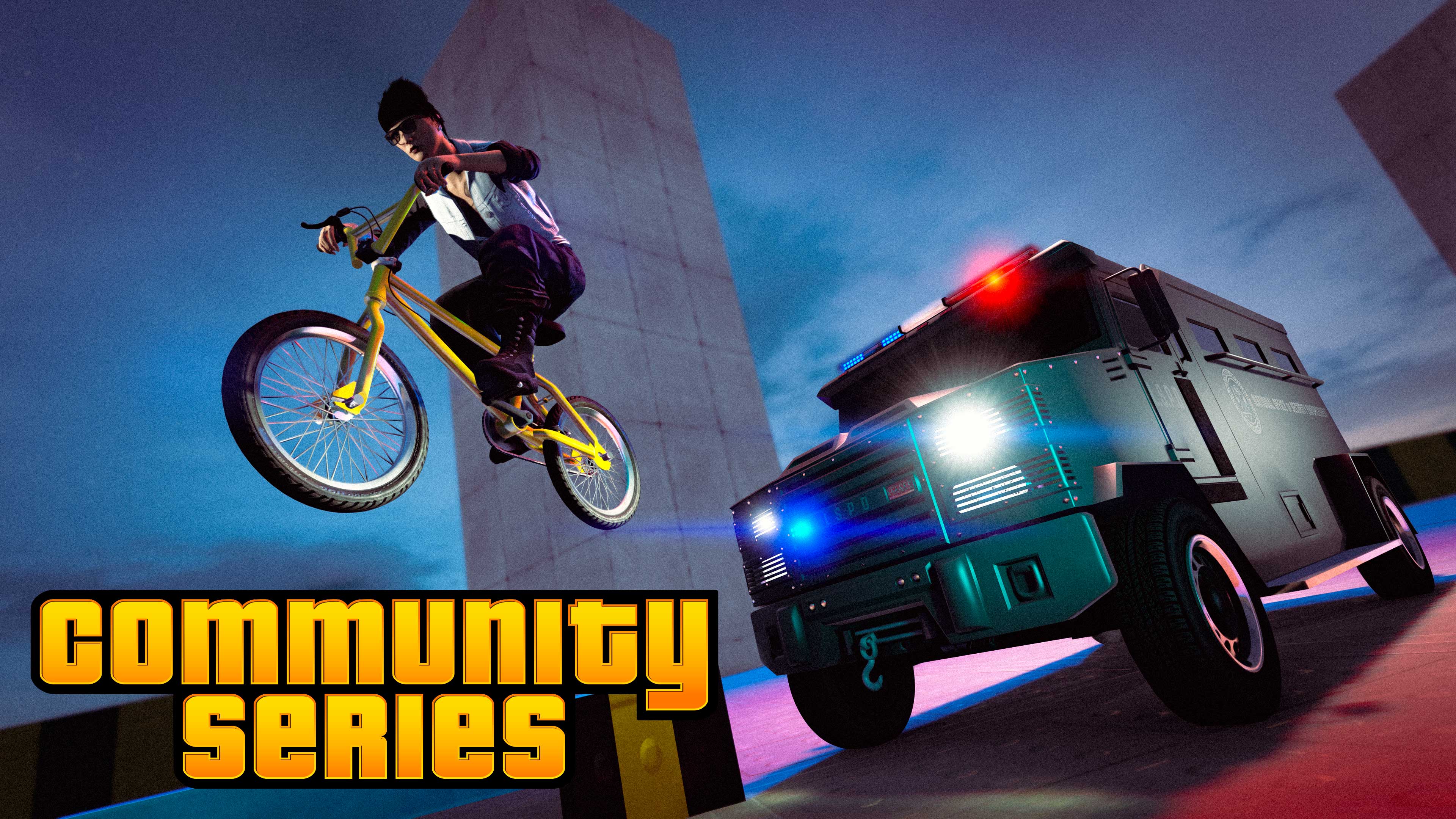 画有一名 Grand Theft Auto 玩家骑着一辆 BMX 用兔子跳逃离一辆追击卡车的社区系列海报