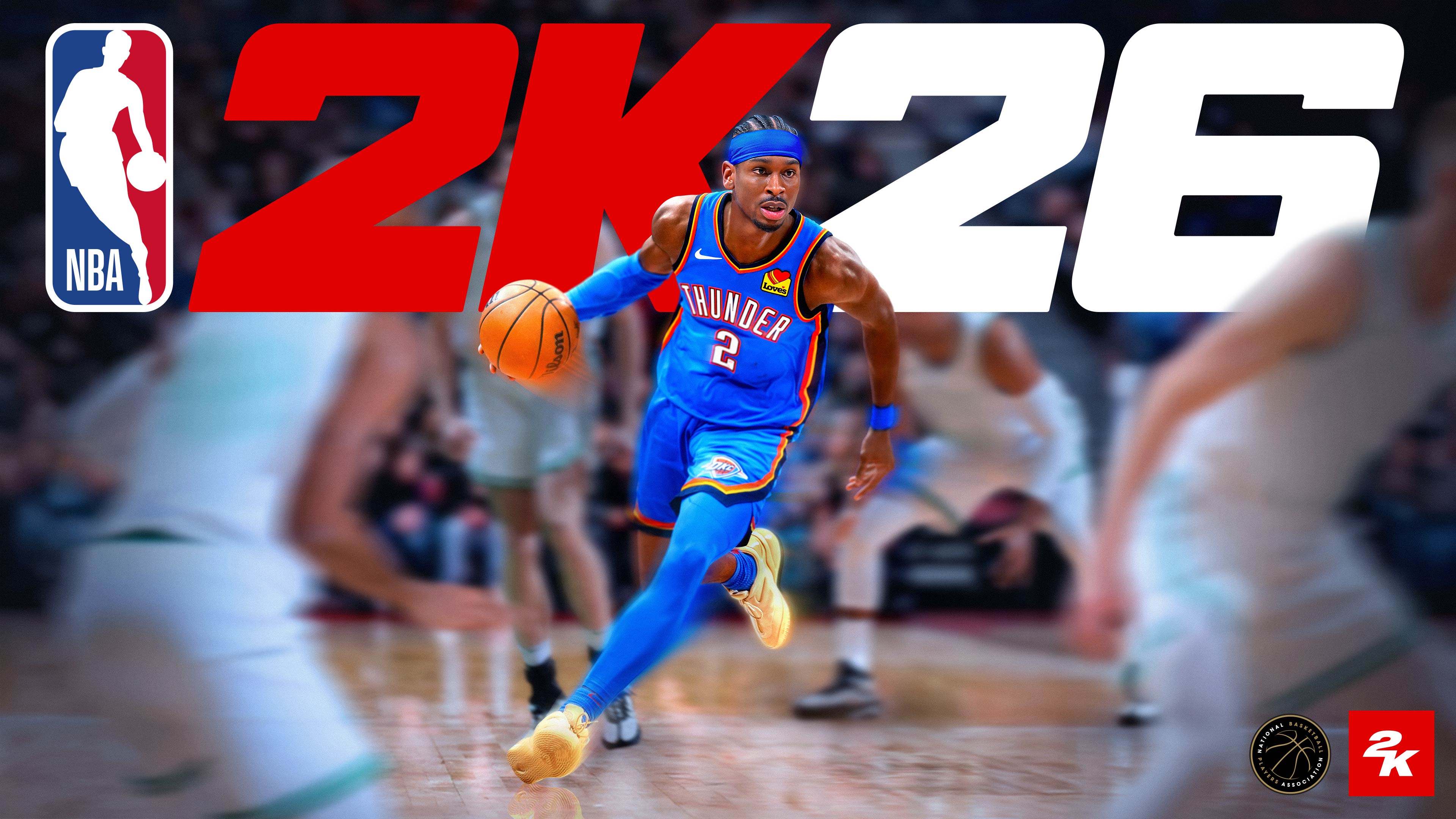 NBA 2K26封面图片，绘有谢伊·吉尔杰斯-亚历山大，身穿俄克拉荷马城雷霆队的蓝色队服，在篮球场上。