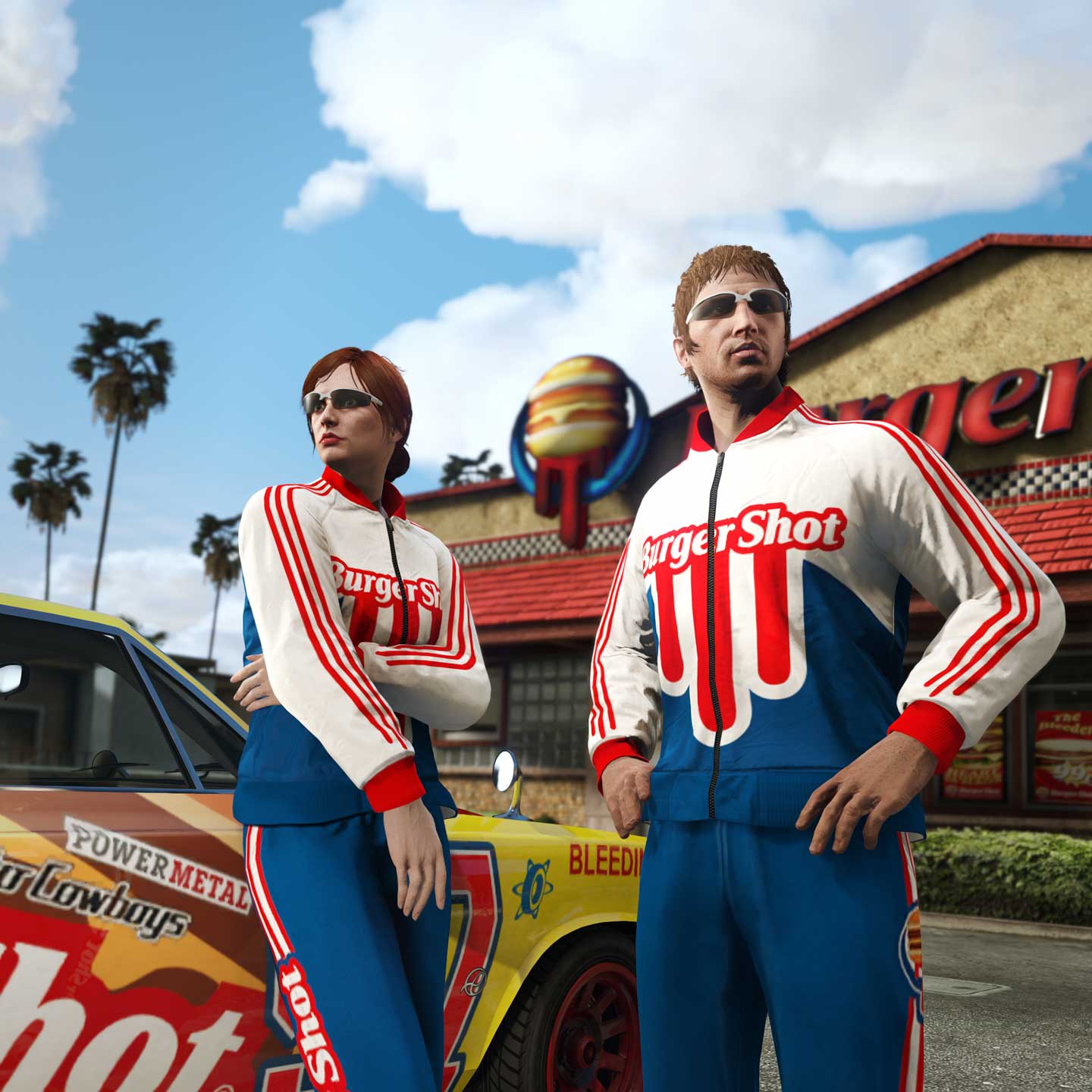 Outside a Burger Shot building, two GTA Online characters wear the Burger Shot Tracksuit outfit.