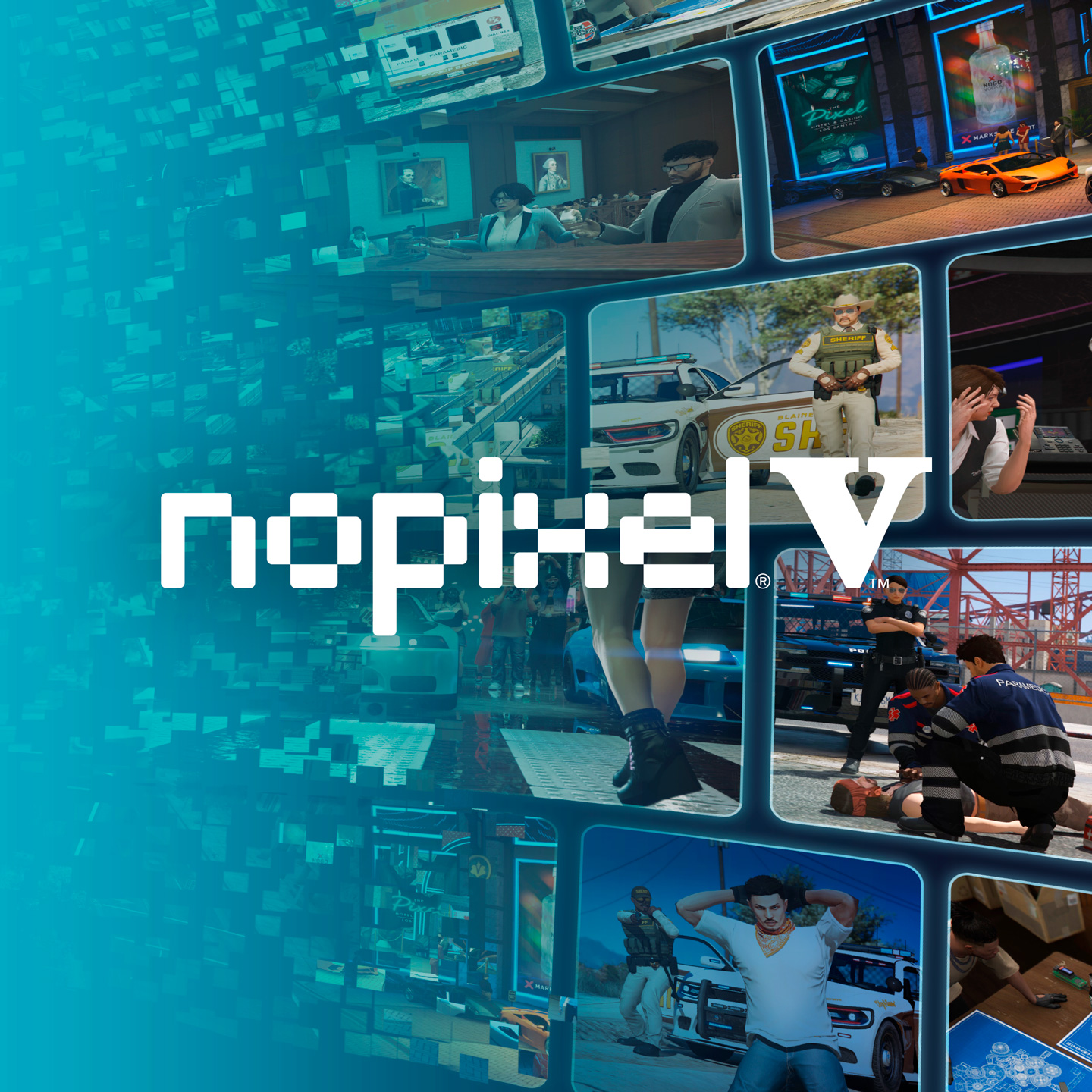 nopixel Five poster featuring several stills from GTA Online nopixel experiences.