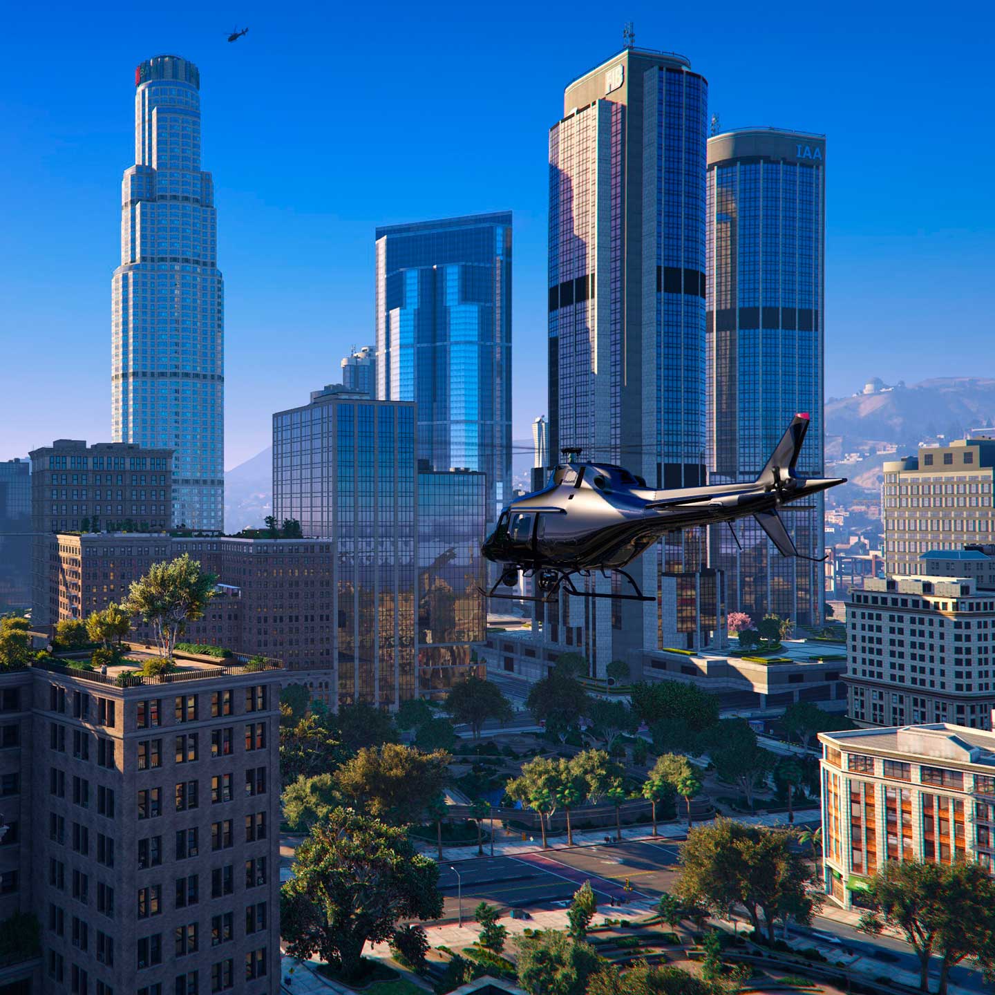 A helicopter flies above the blue skies of Los Santos.