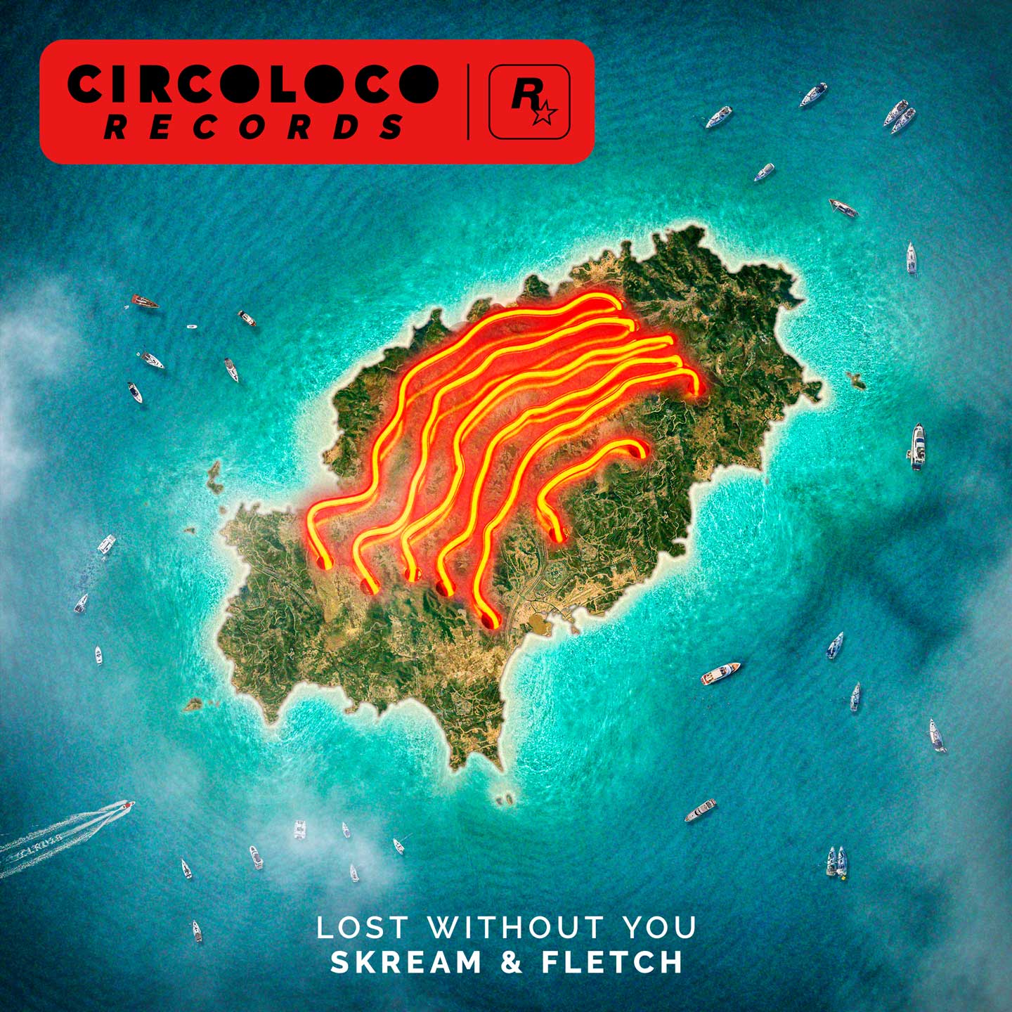 Circoloco Records 海报，绘有鸟瞰视角下的海岛和飞机投下的影子。文本：Lost Without You，Skream and Fletch。