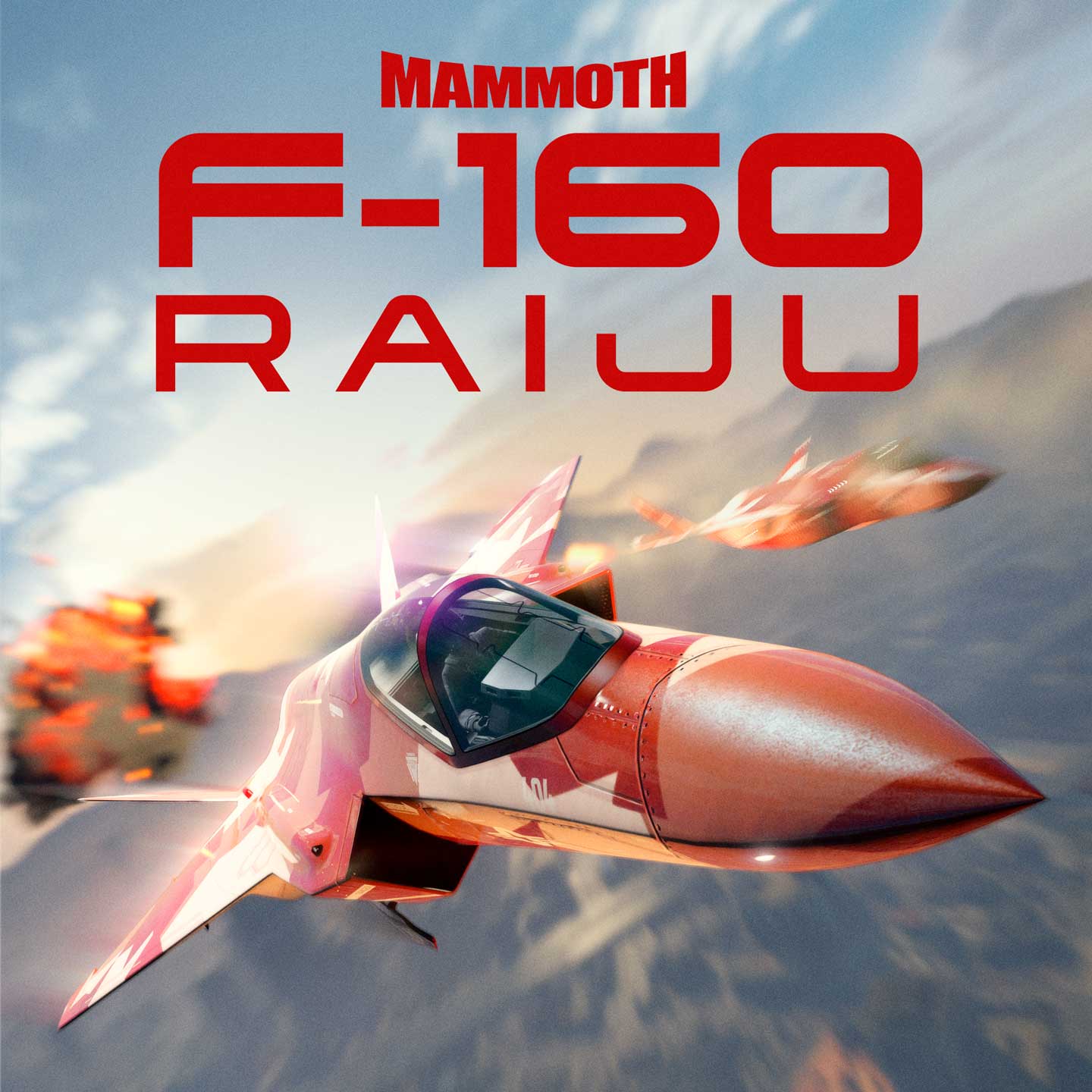 两架红色喷气机在空中飞翔，后面发生空中爆炸。文字为：巨象 F-160 雷兽。