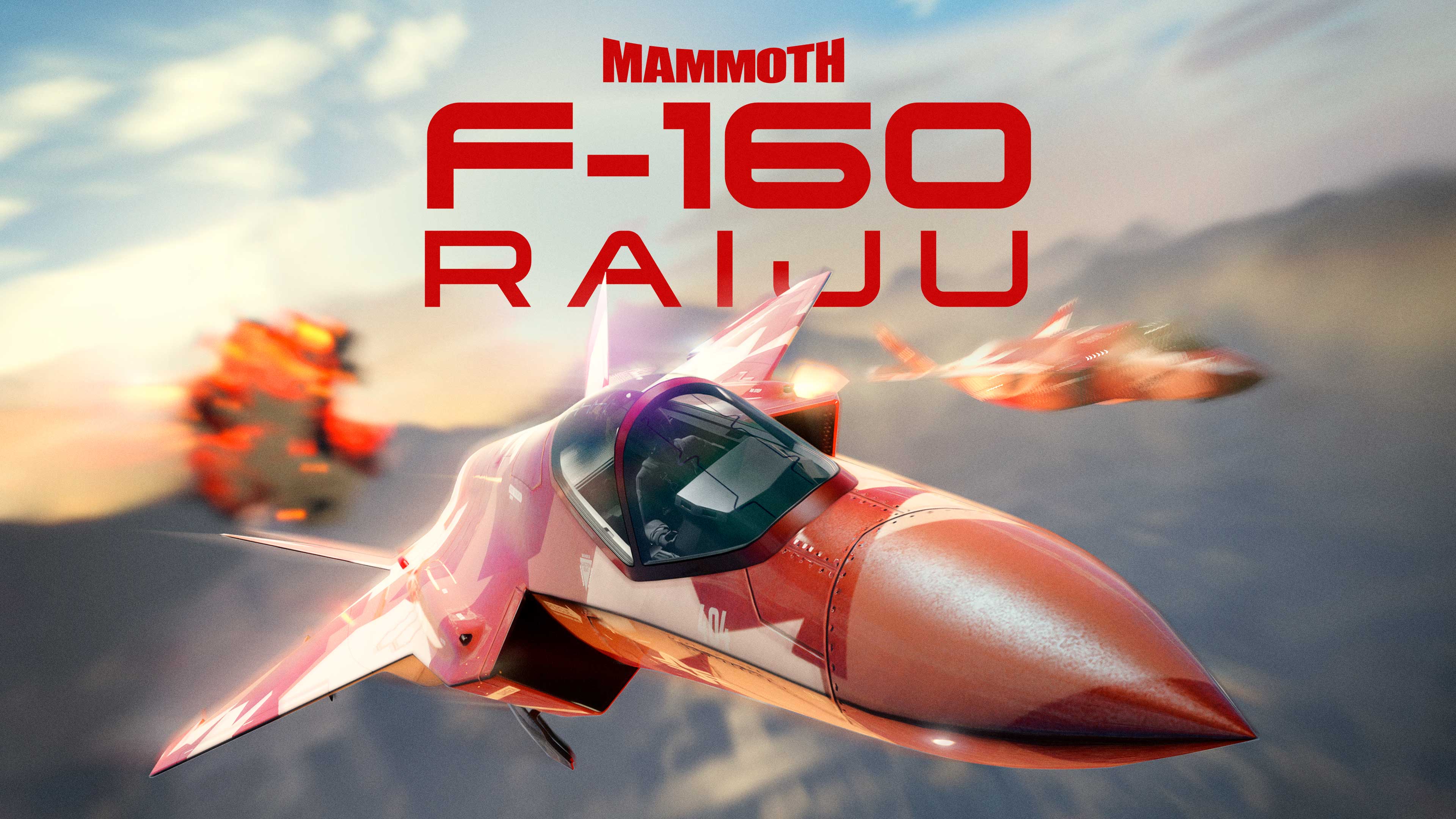 两架红色喷气机在空中飞翔，后面发生空中爆炸。文字为：巨象 F-160 雷兽。