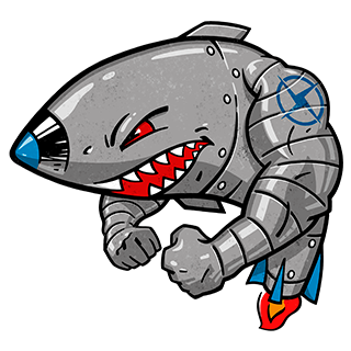 A metallic cartoon shark shaped as a rocket with muscular arms snarls.