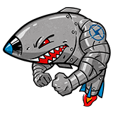 A metallic cartoon shark shaped as a rocket with muscular arms snarls.