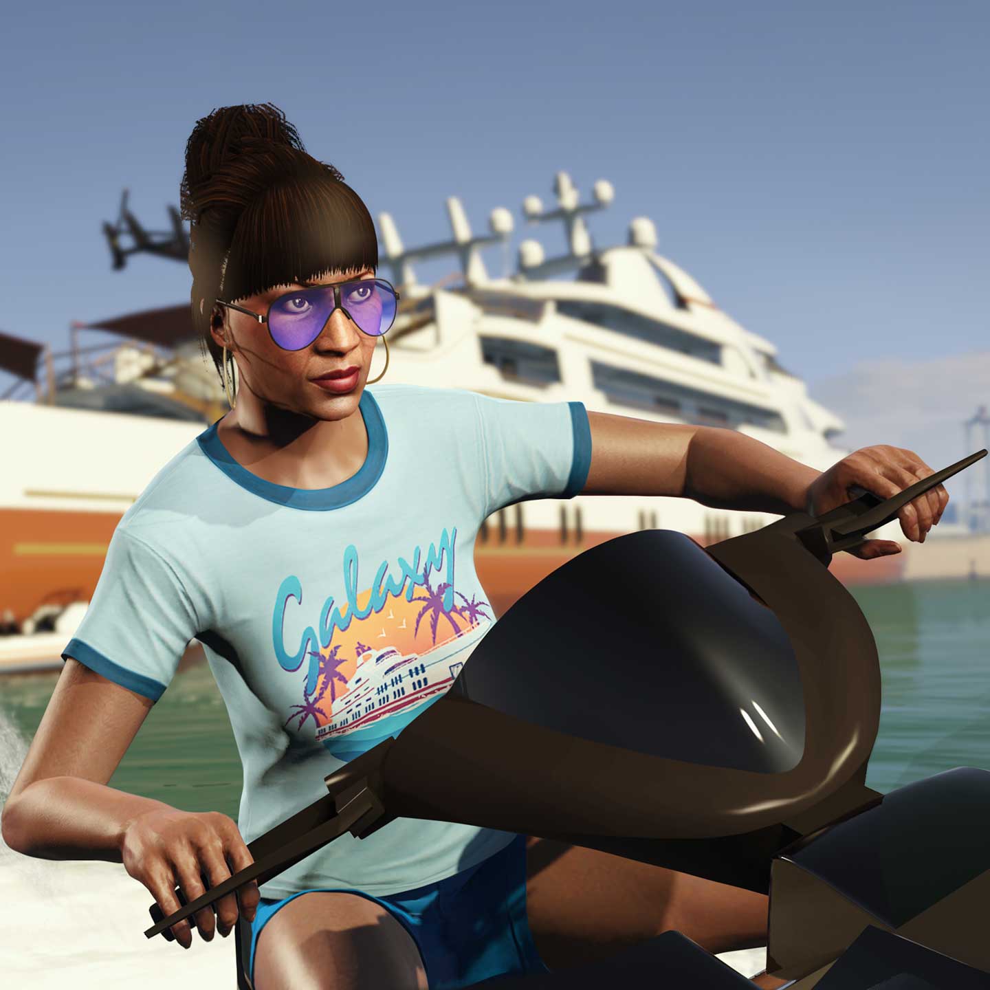 A character rides a jet ski while wearing a blue tee with a retro-themed '80s graphic of an orange sunset and purple palm trees with “Galaxy” text above a yacht in the water.
