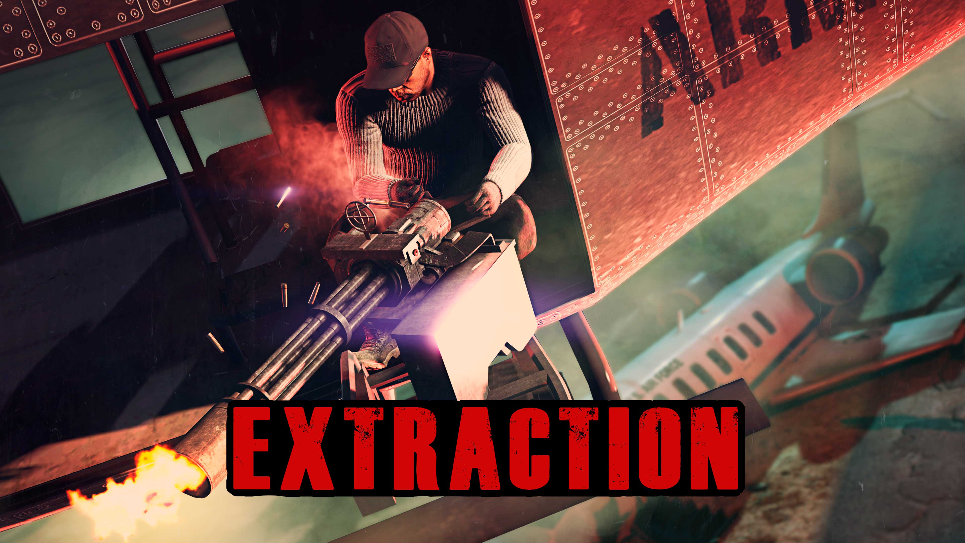 Extraction event poster with a GTA Online player firing a minigun from a helicopter.