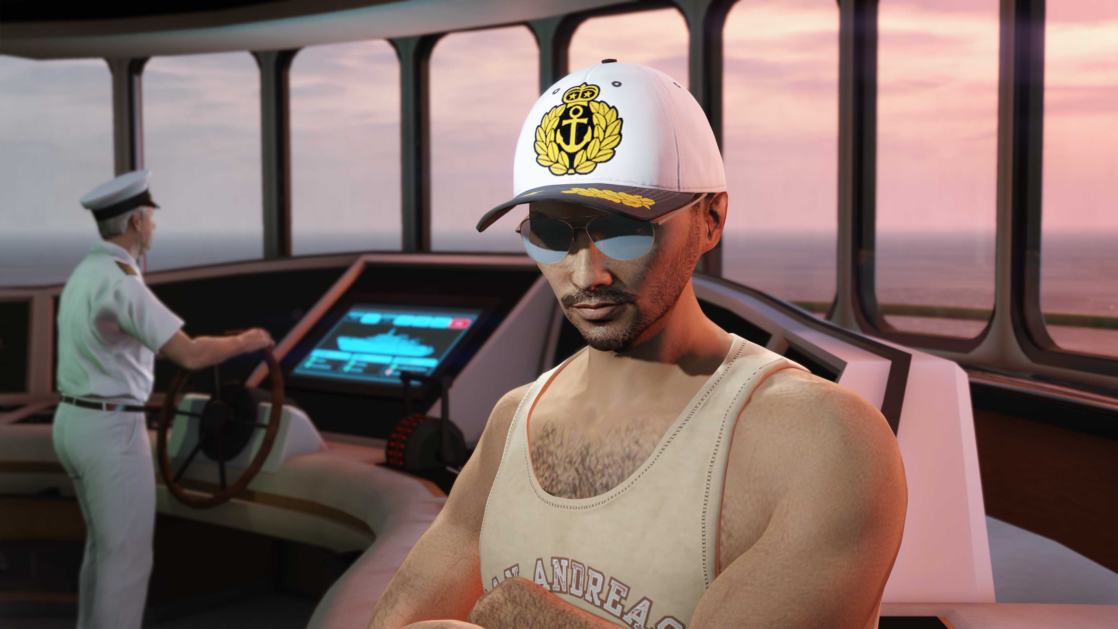 In a yacht's cockpit where a Captain operates the console, a GTA Online character wears the white and black Captain Cap with a golden anchor crest graphic.