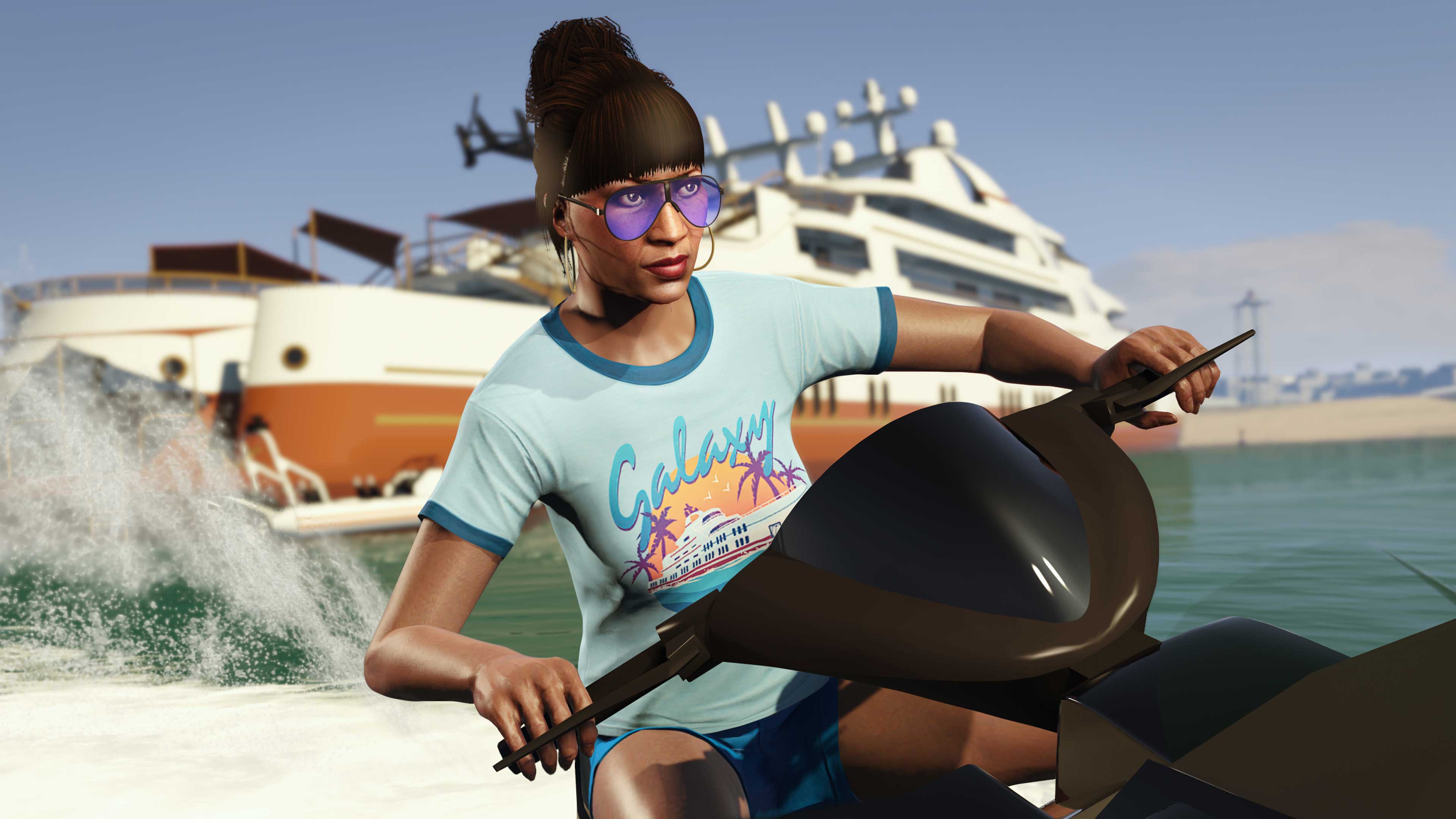 A character rides a jet ski while wearing a blue tee with a retro-themed '80s graphic of an orange sunset and purple palm trees with “Galaxy” text above a yacht in the water.
