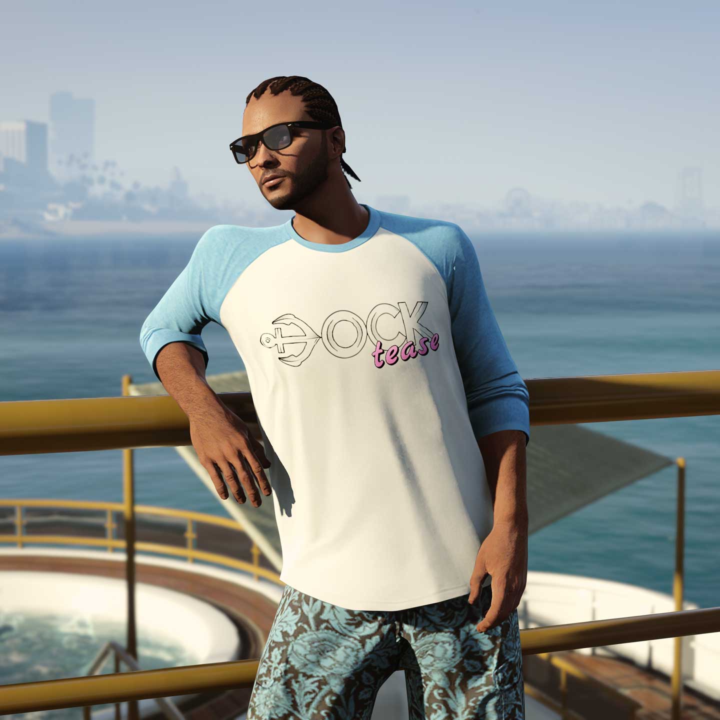 A character poses against a railing wearing their blue and white long-sleeved tee with rolled up sleeves. The graphic reads “Dock Tease”.