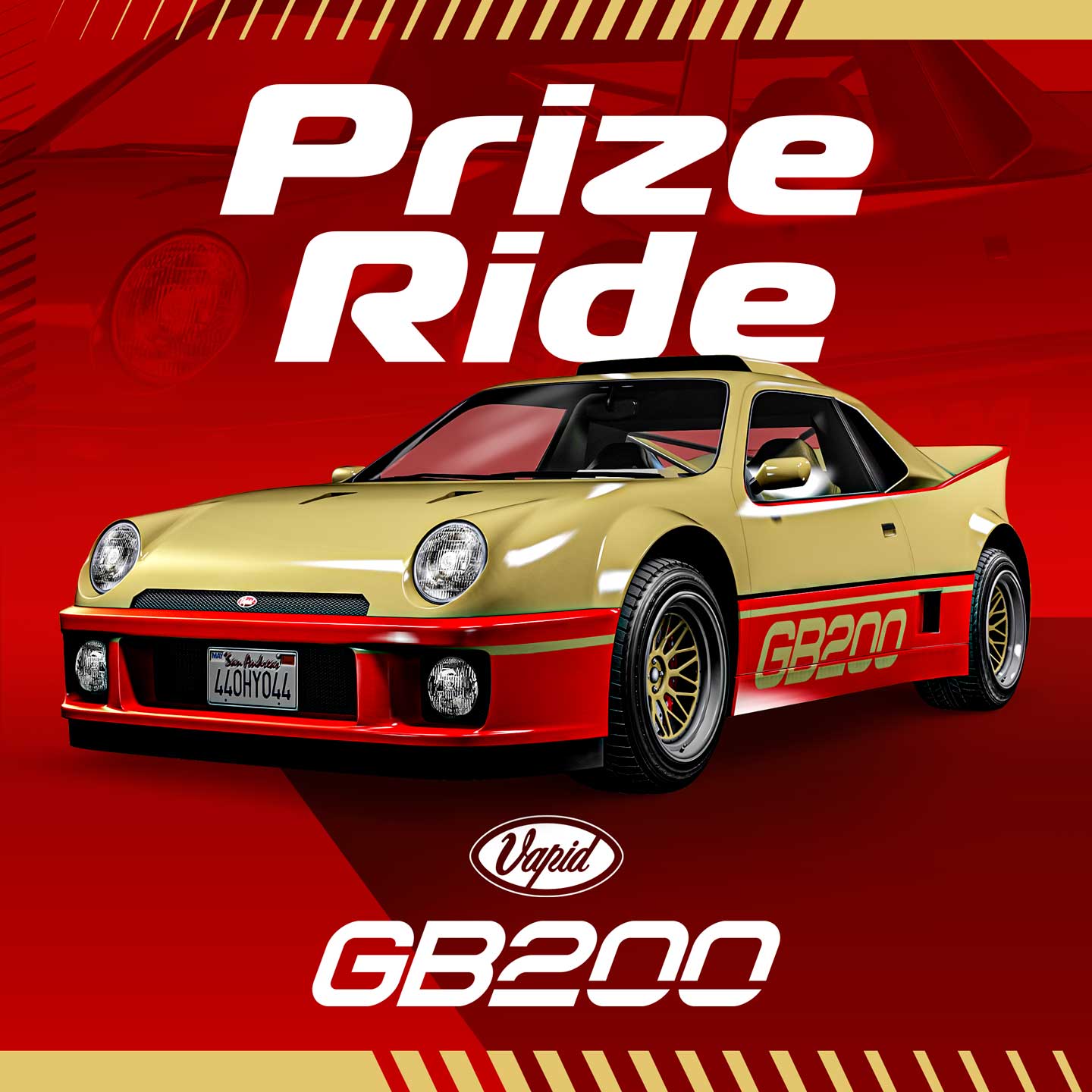 Prize Ride poster of a yellow and red three-door Vapid GB200 with yellow rims.