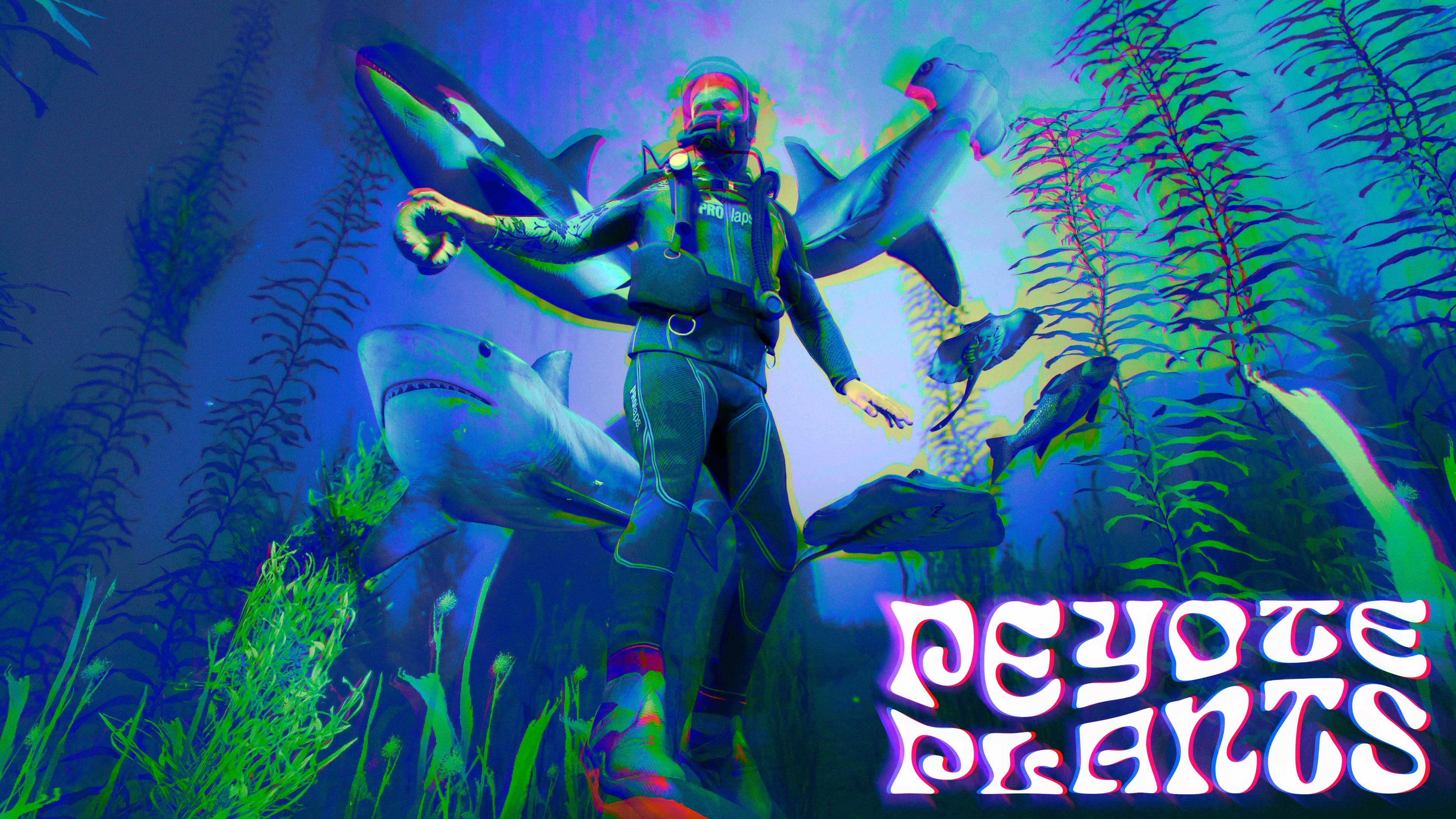 Peyote Plants event poster with psychedelic effect. A swimming scuba diver is surrounded by underwater Peyote Plants, a Killer Whale, Tiger Shark, Dolphin, Stingray, Hammerhead Shark, and Fish.