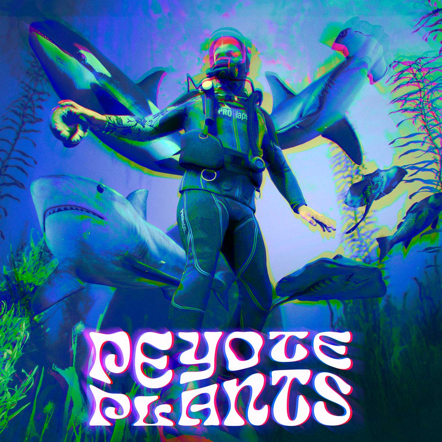 Peyote Plants event poster with psychedelic effect. A swimming scuba diver is surrounded by underwater Peyote Plants, a Killer Whale, Tiger Shark, Dolphin, Stingray, Hammerhead Shark, and Fish.