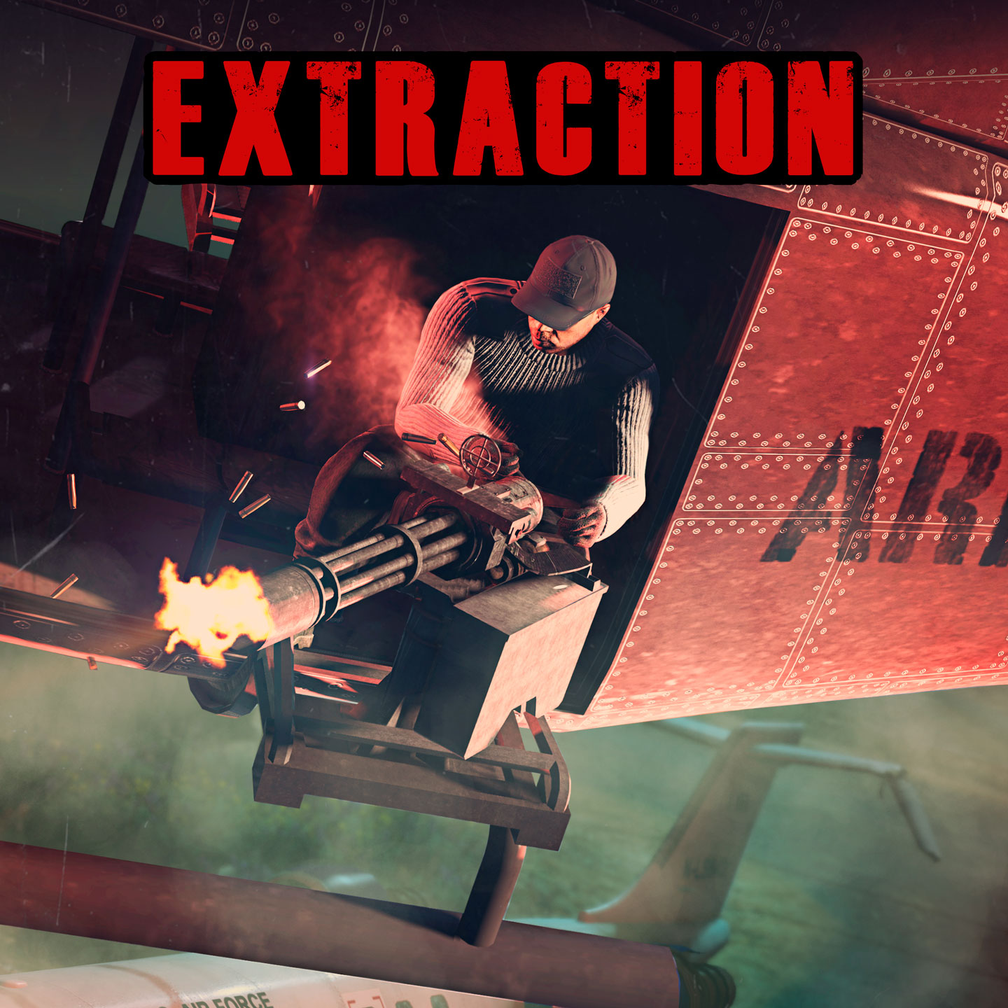 Extraction event poster with a GTA Online player firing a minigun from a helicopter.