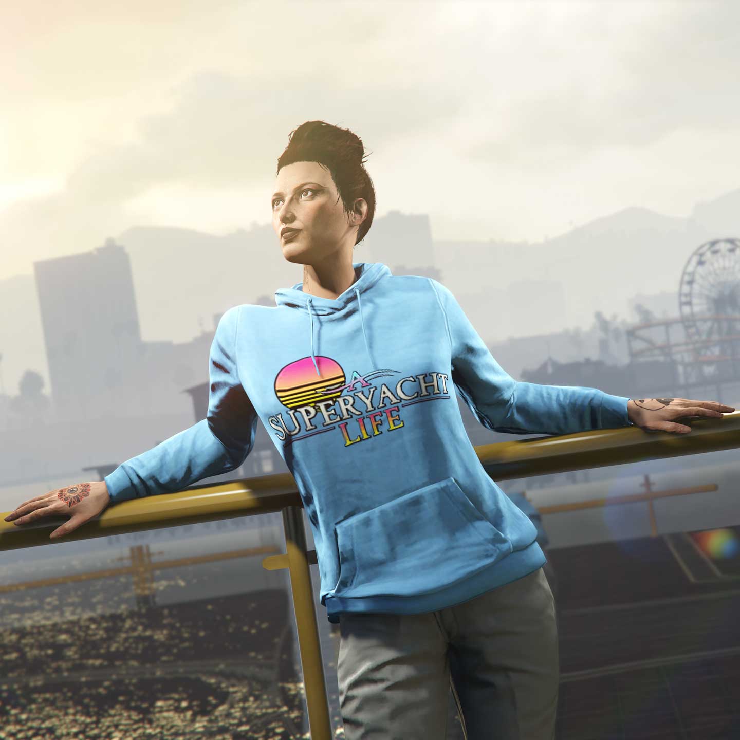 A character poses against a railing wearing their blue A Superyacht Life Hoodie with the logo and a retro '80s-themed sun graphic.