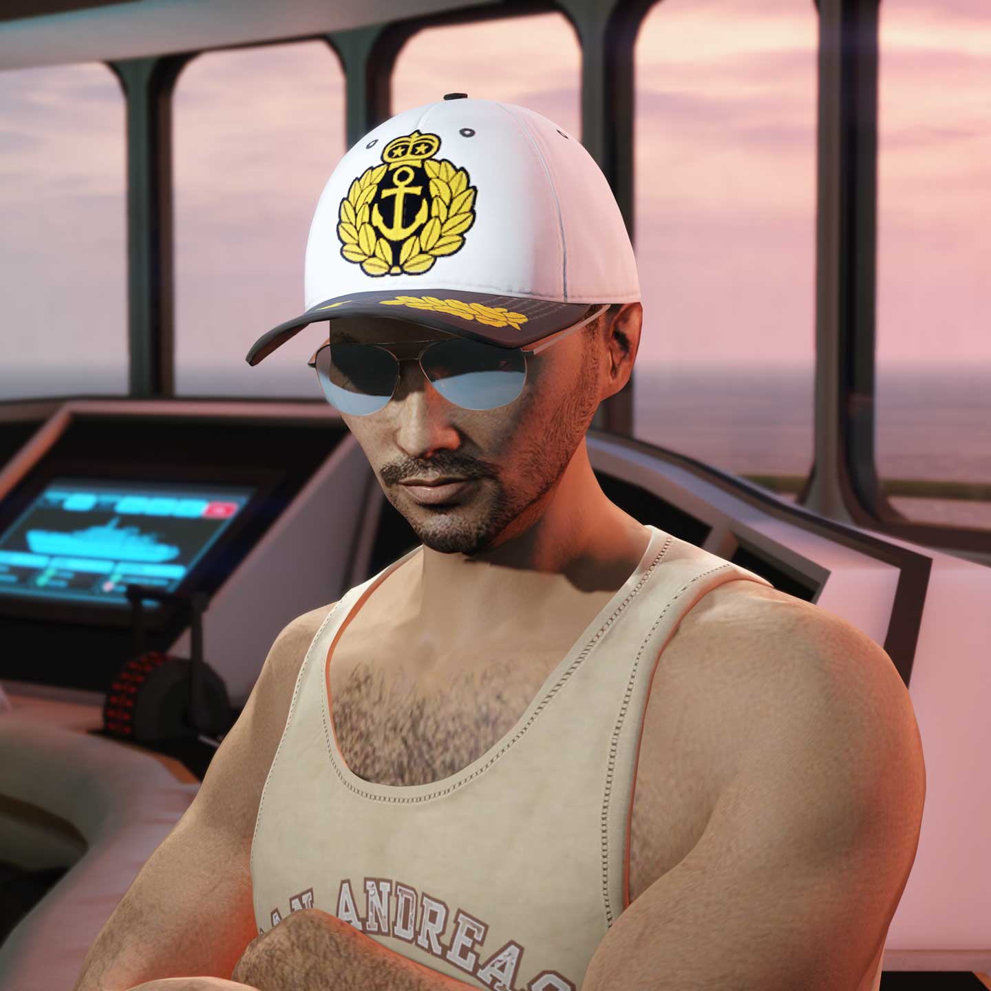 In a yacht's cockpit where a Captain operates the console, a GTA Online character wears the white and black Captain Cap with a golden anchor crest graphic.