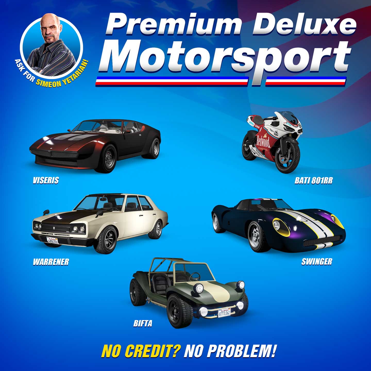 Premium Deluxe Motorsport poster for five vehicles: Ocelot Swinger, Lampadati Viseris, Vulcar Warrener, BF Bifta, Pegassi Bati 801RR.