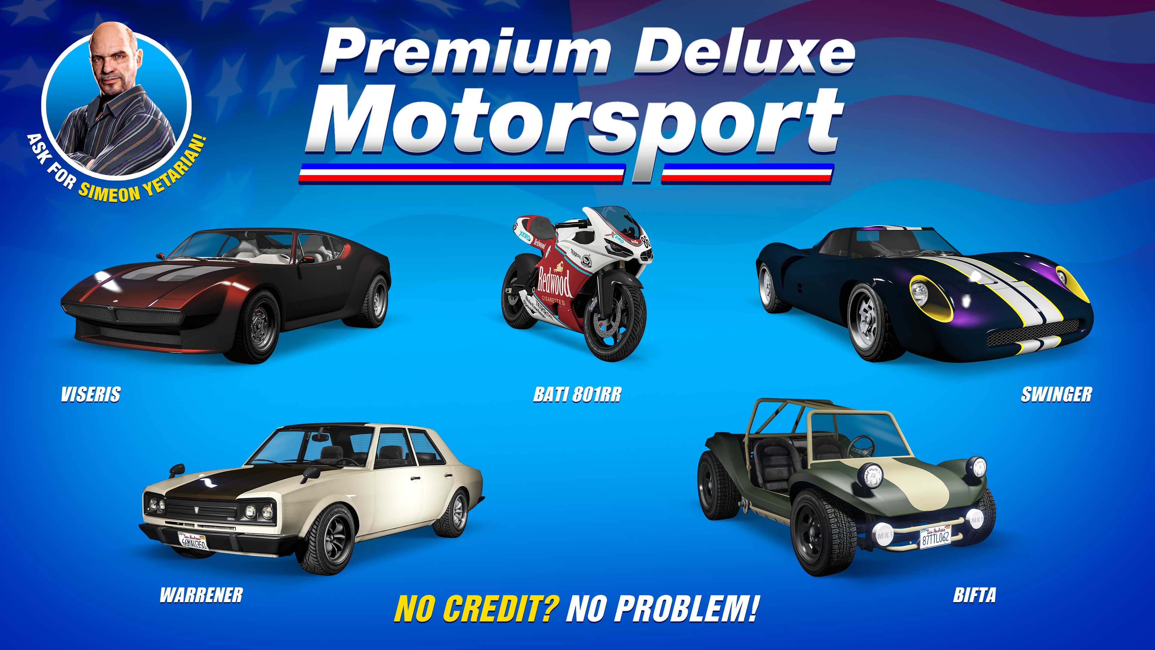 Premium Deluxe Motorsport poster for five vehicles: Ocelot Swinger, Lampadati Viseris, Vulcar Warrener, BF Bifta, Pegassi Bati 801RR.