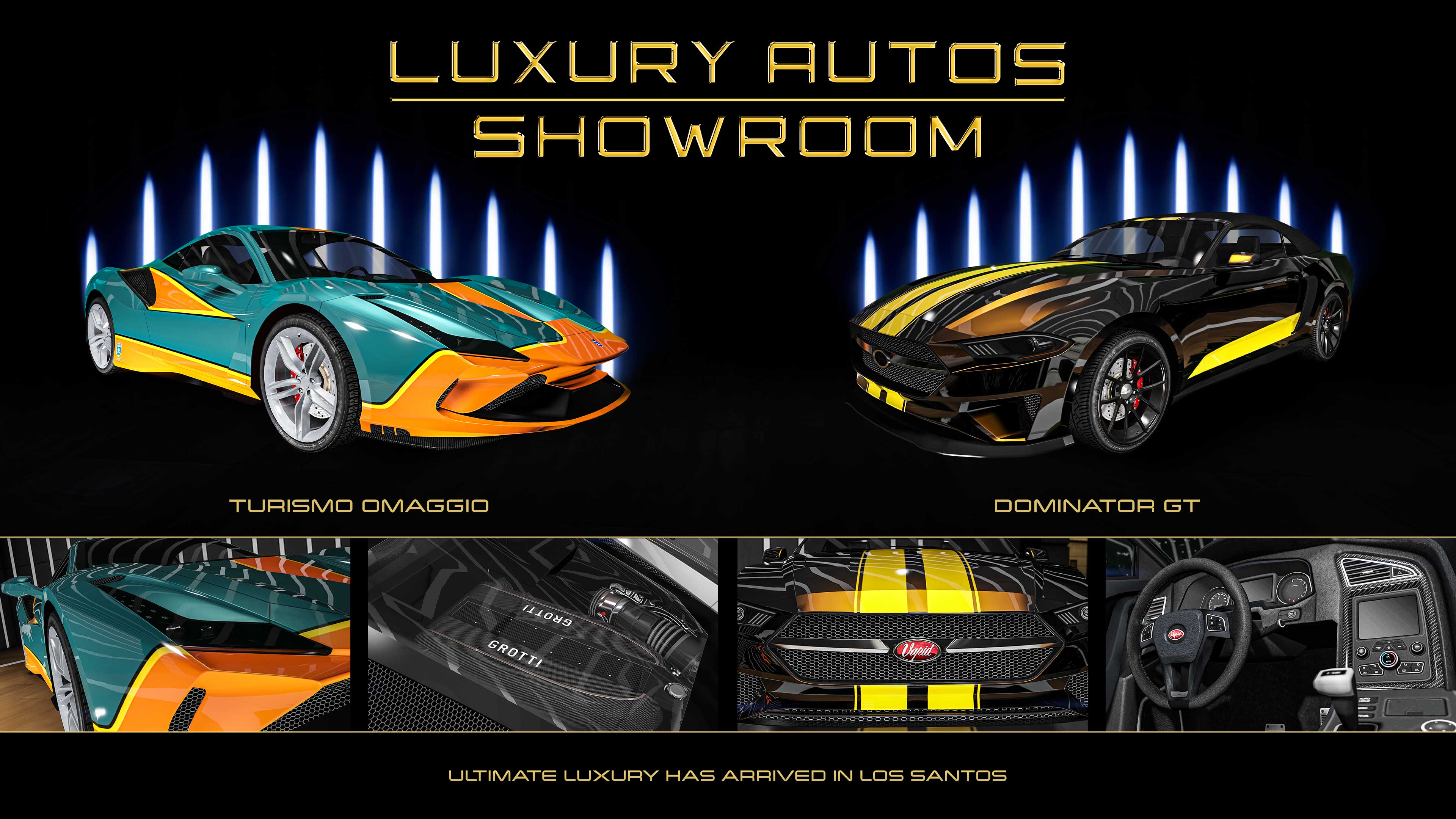Poster for two Luxury Autos showroom cars. Left: A three-door Turismo Omaggio with a teal and orange livery. Right: A black three-door Dominator GT with yellow racing stripes and side-stripe.