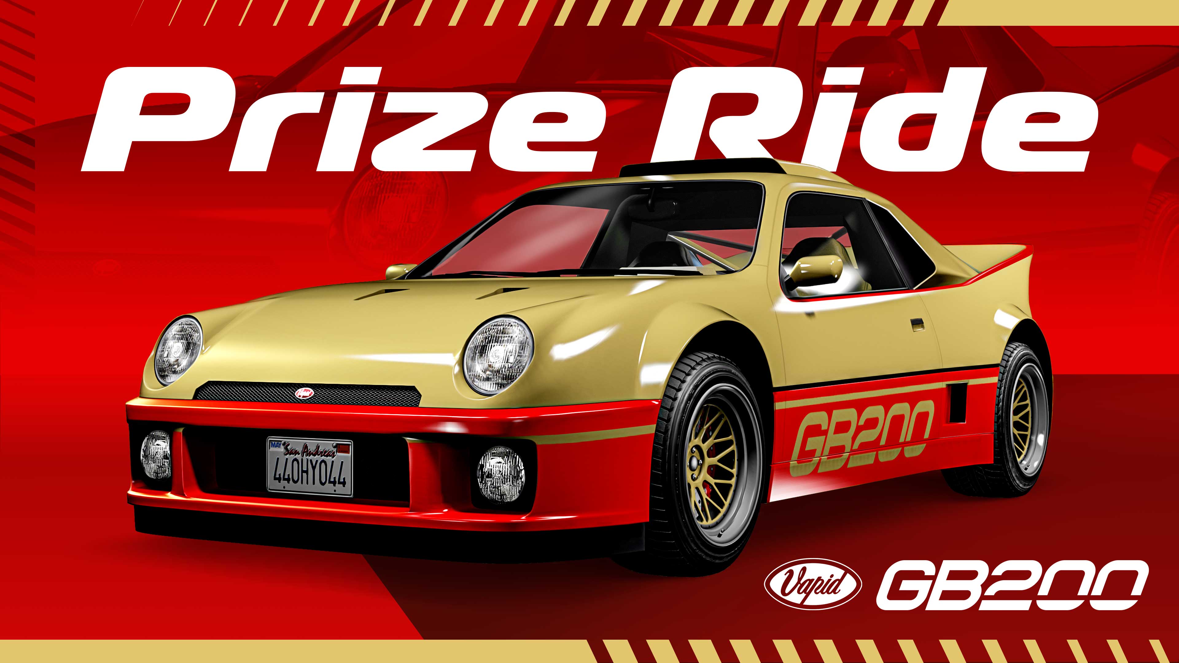 Prize Ride poster of a yellow and red three-door Vapid GB200 with yellow rims.
