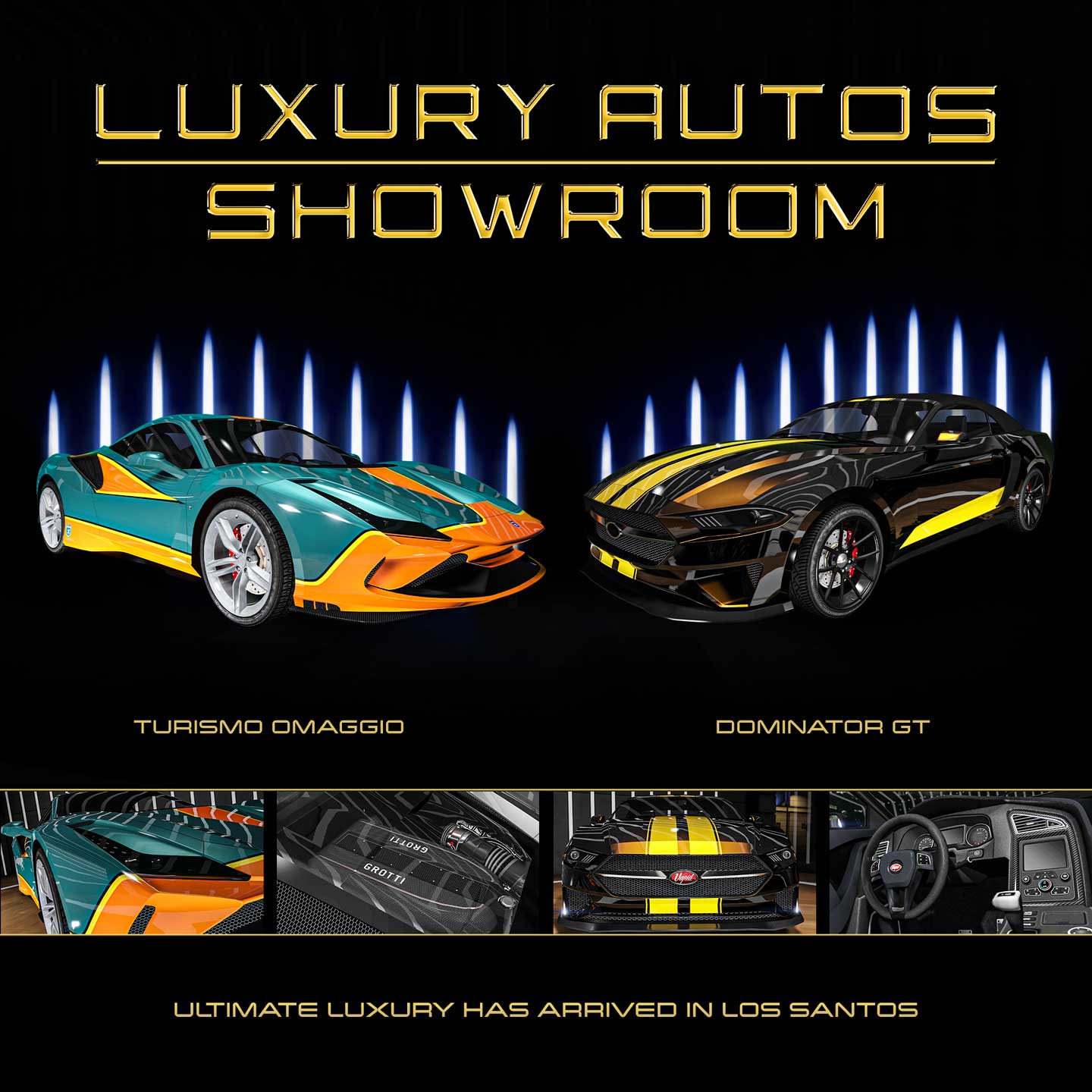Poster for two Luxury Autos showroom cars. Left: A three-door Turismo Omaggio with a teal and orange livery. Right: A black three-door Dominator GT with yellow racing stripes and side-stripe.