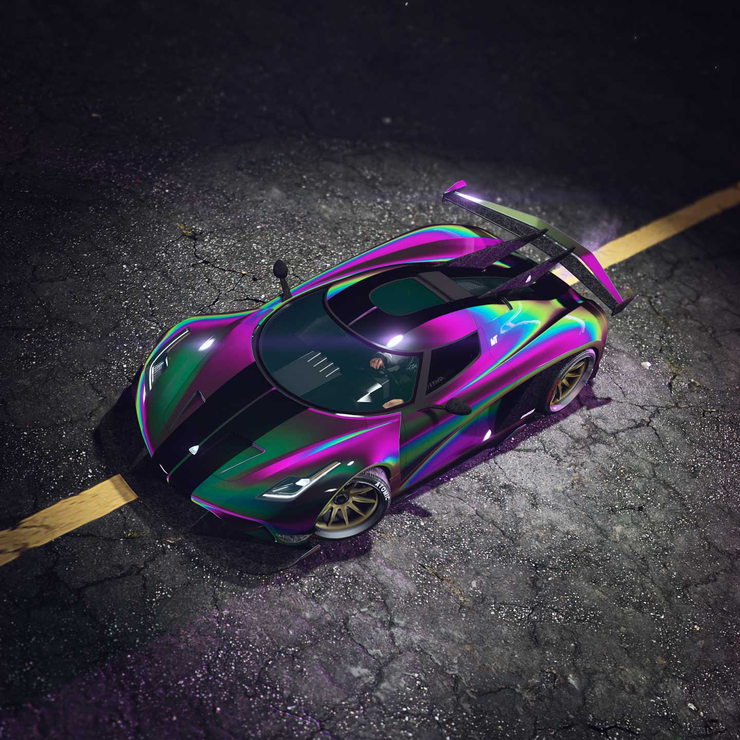 An Överflöd Entity MT with Black Rainbow Prismatic Chameleon paint.