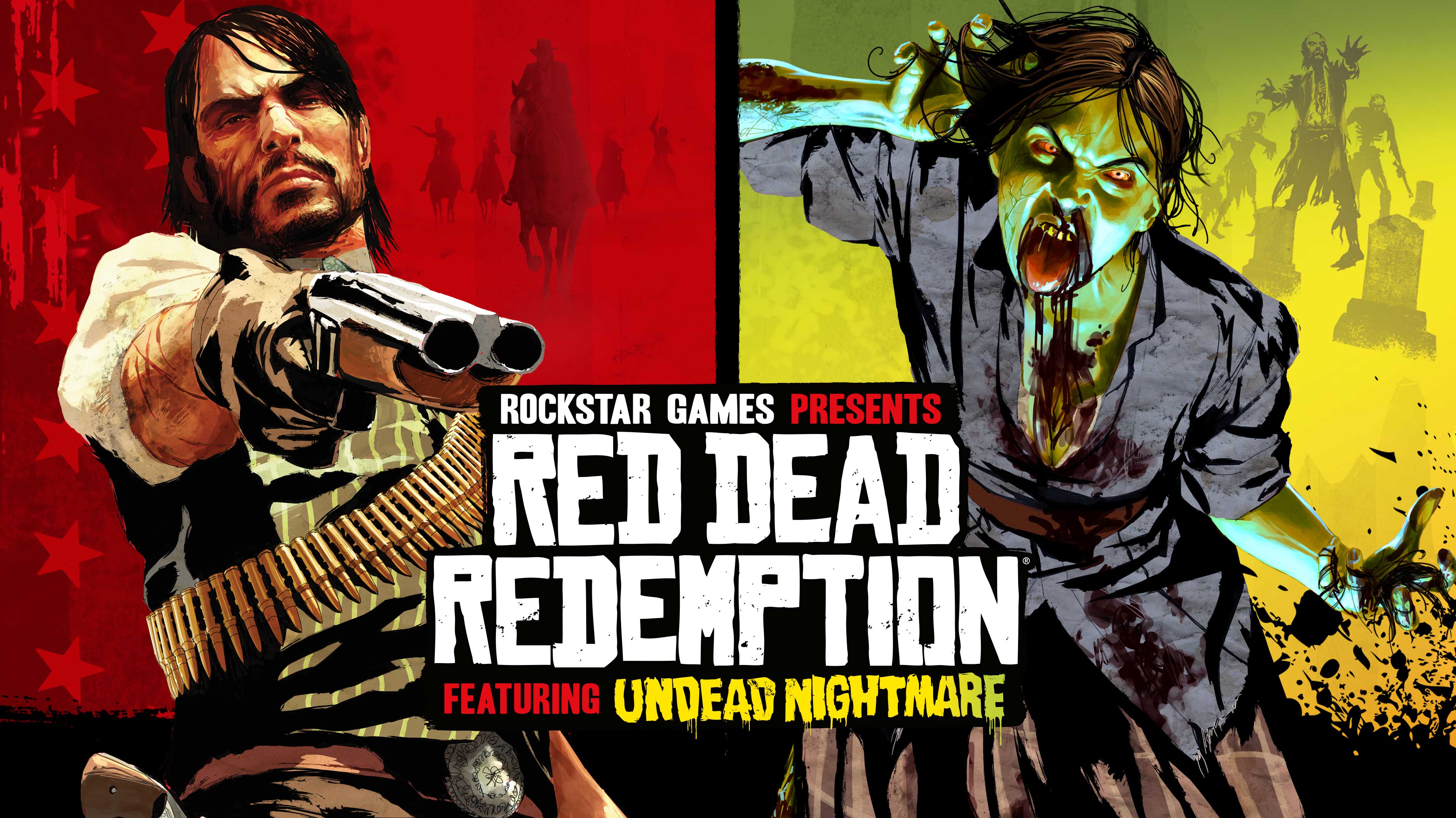 Red Dead Redemption 海报左边绘有约翰·马斯顿手持削短型霰弹枪指向前方，右边是僵尸艾比盖尔·马斯顿迎面扑来，并写有：“Rockstar Games 出品 Red Dead Redemption，包括《不死梦魇》。”