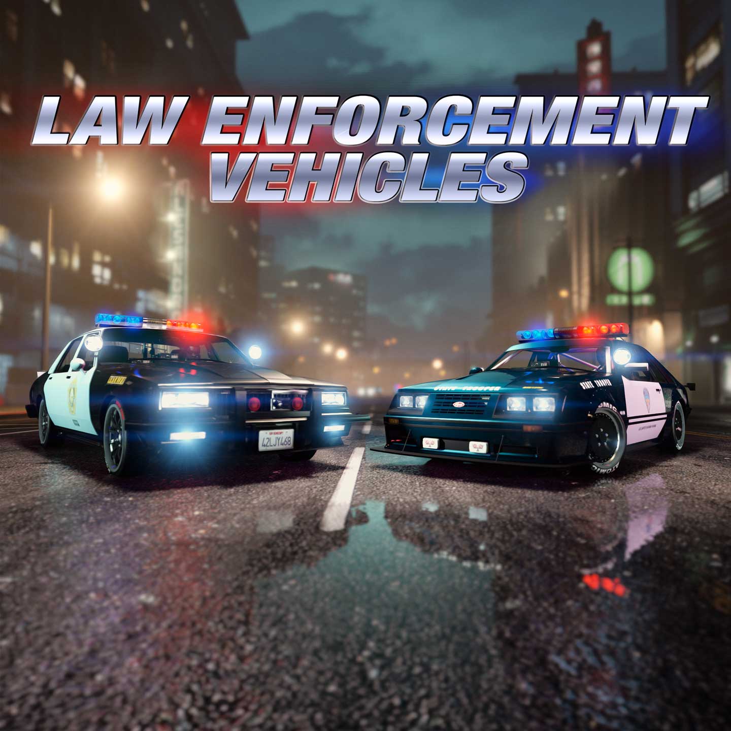 威皮公路霸者 FX 拦截者和绝致刺刑官 LX 巡航者执法载具在雨水浸透的城市道路上行驶，警灯闪烁。