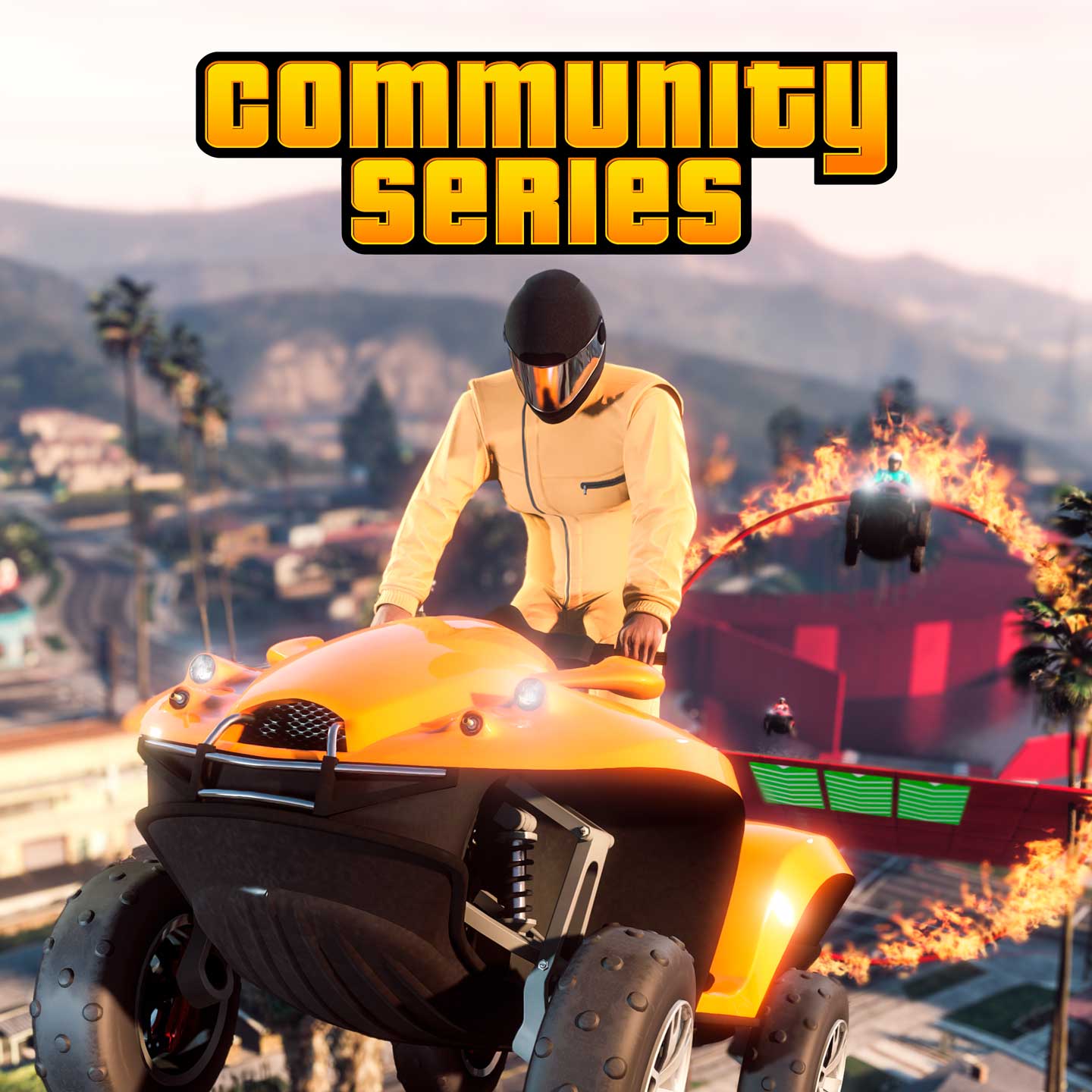 社区系列的海报，绘有一名 GTA 在线模式角色，驾驶着水陆烈焰骑士穿过火圈。