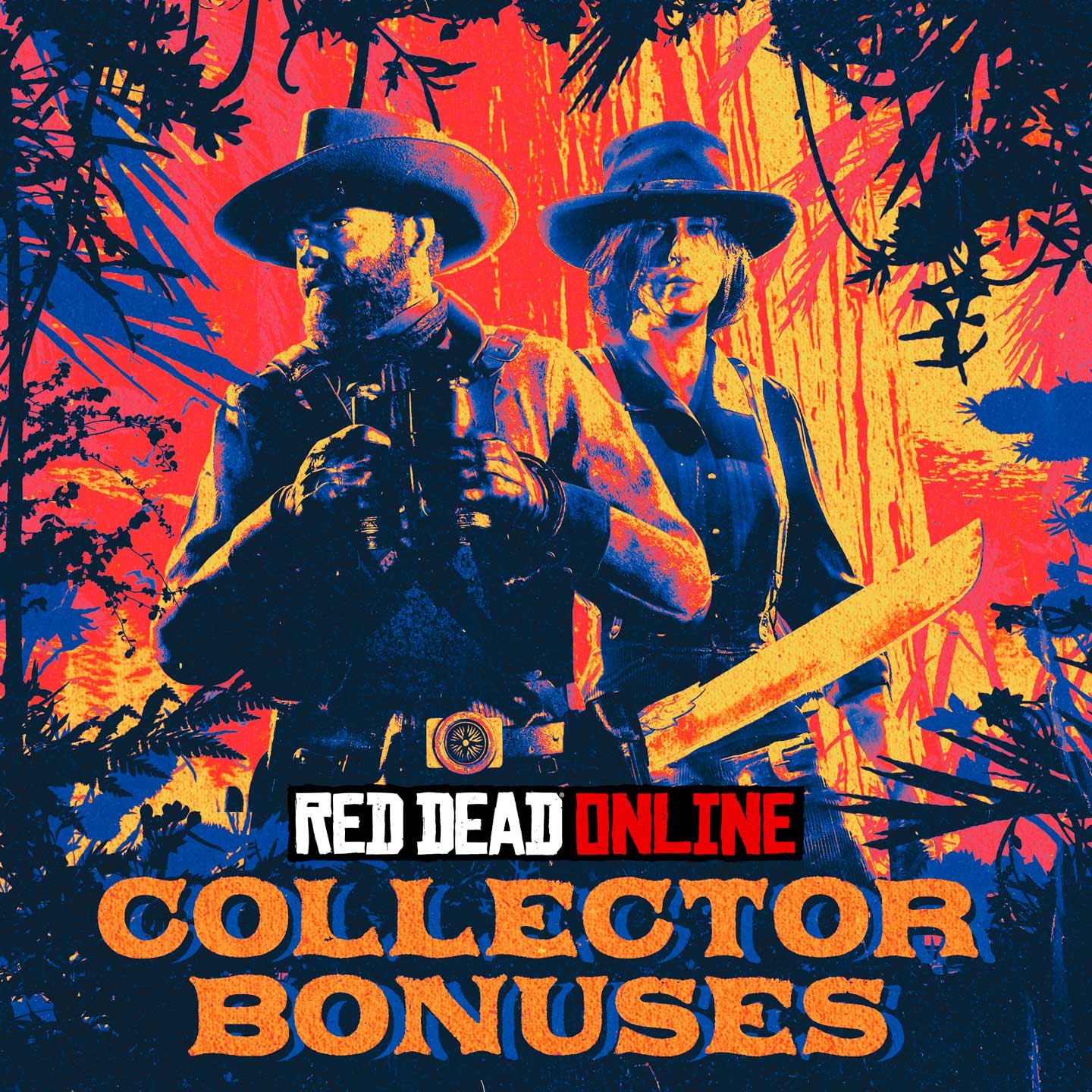 Red Dead在线模式收藏家奖励海报，画有两名角色正在探索，周围都是植被。