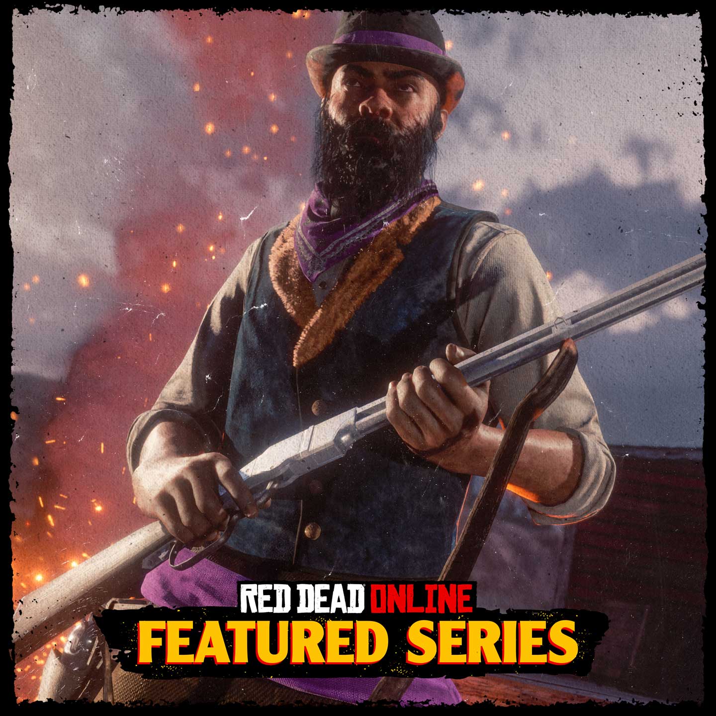 Red Dead在线模式精选系列赛，画有一名武装角色，旁边有火光。